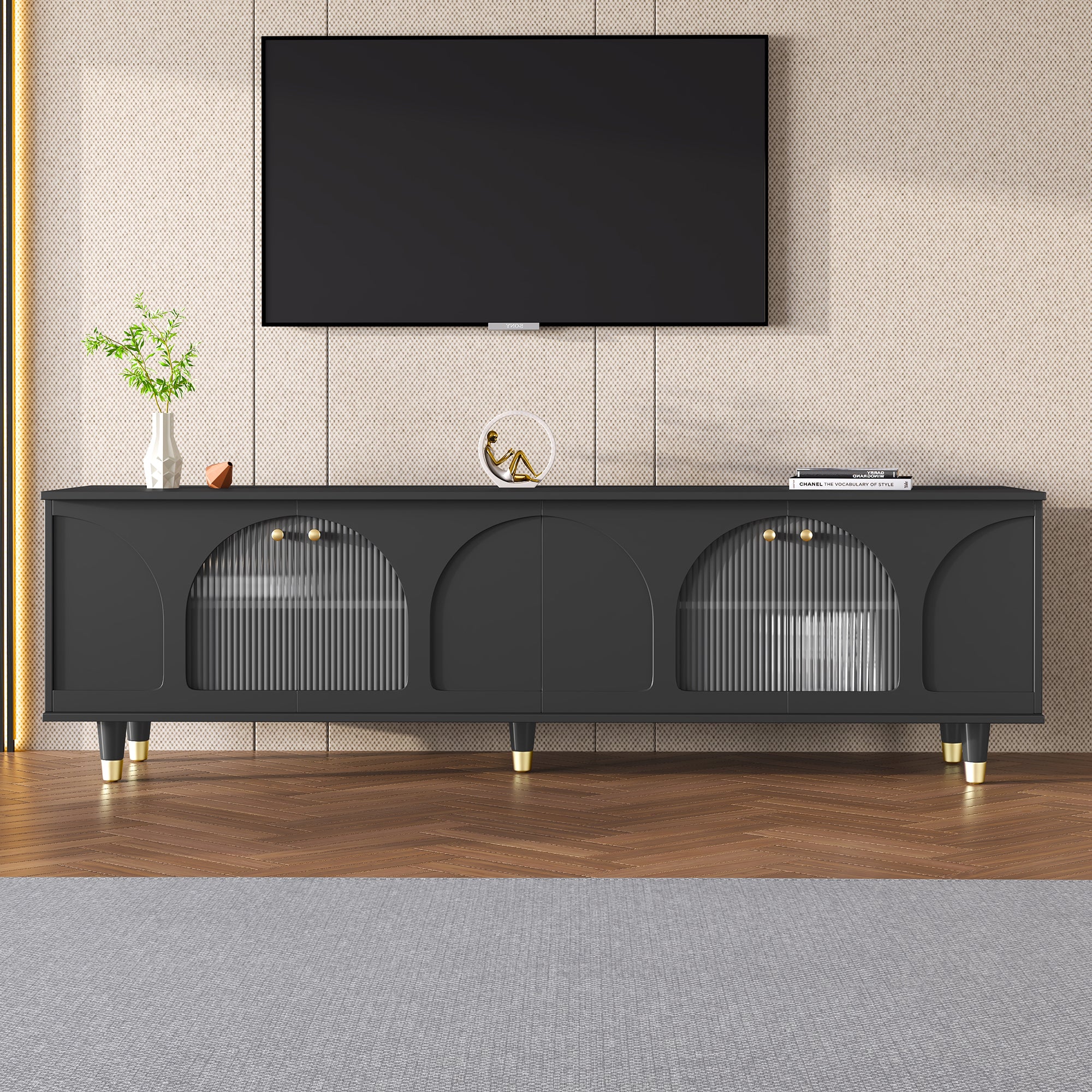 Contemporary TV Stand with Adjustable Shelves for TVs Up to 78 Inch Stylish Media Console with Fluted Glass Doors In Black