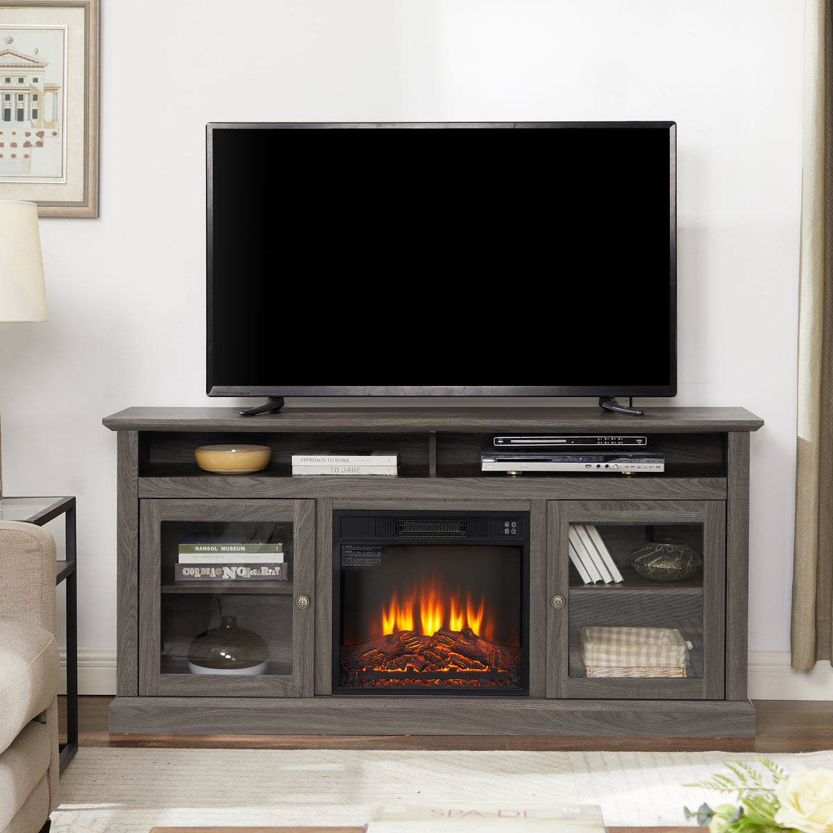 Contemporary TV Media Stand With 18 Inch Fireplace Insert For TV Up To 65 Inches With Open And Closed Storage Space In Dark Walnut Black