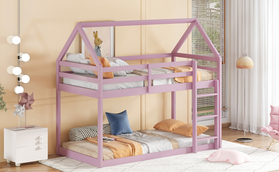 Twin Over Twin Pink House-Shaped Floor Bunk Bed with Ladder and Guardrails