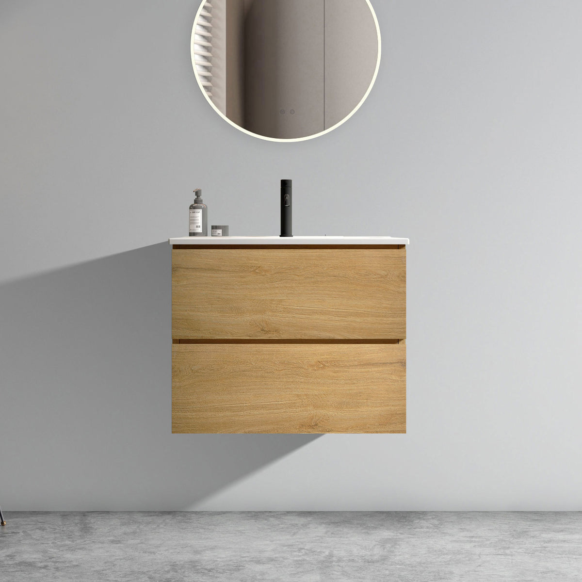 Wall Mount 24 Natural Oak Bathroom Vanity with Ceramic Sink One Faucet Hole Large Storage Floating Vanity In Natural Oak