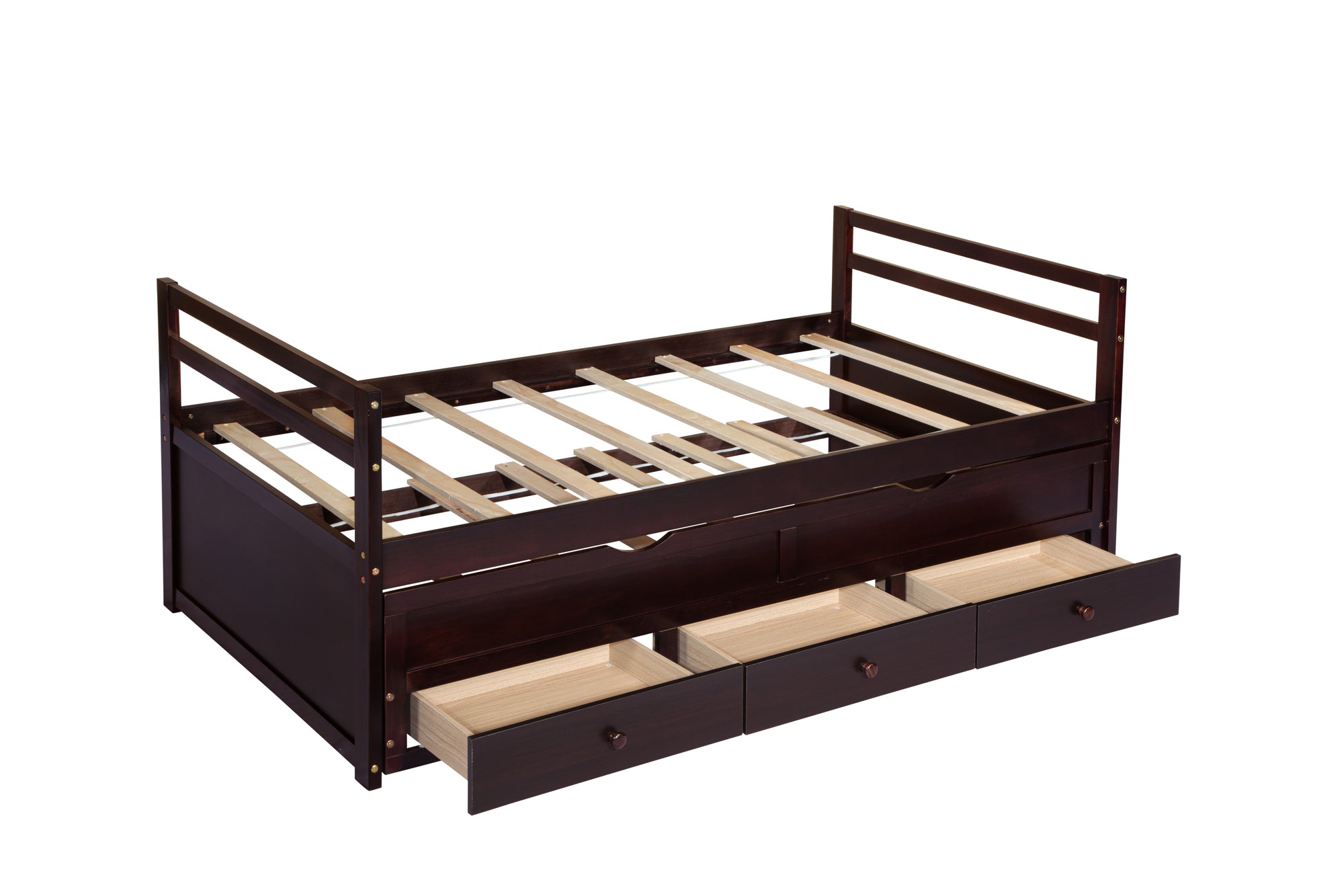 Espresso Pine Twin Size Bed with Headboard, Footboard, Trundle, and Three Storage Drawers