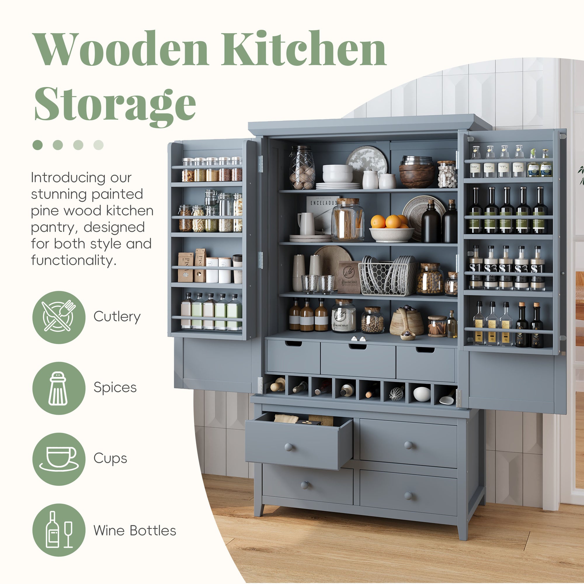 Freestanding Large Kitchen Pantry Storage Cabinet with 8 Door Shelves, 3 Adjustable Shelves, 7 Drawers, Wine Rack In Gray