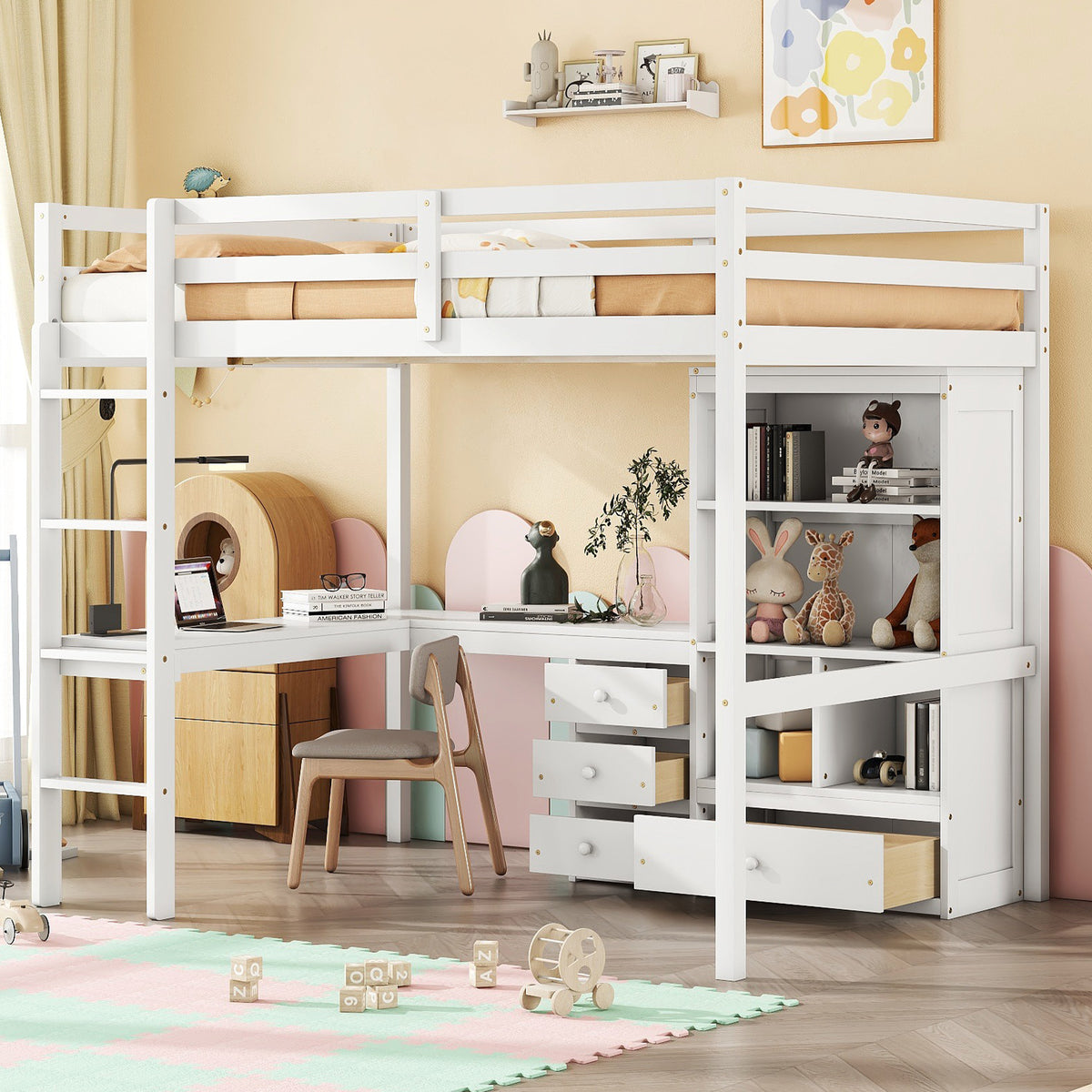 White Full Size Loft Bed with Desk, Storage Shelves, Drawers, and Built-in Ladder