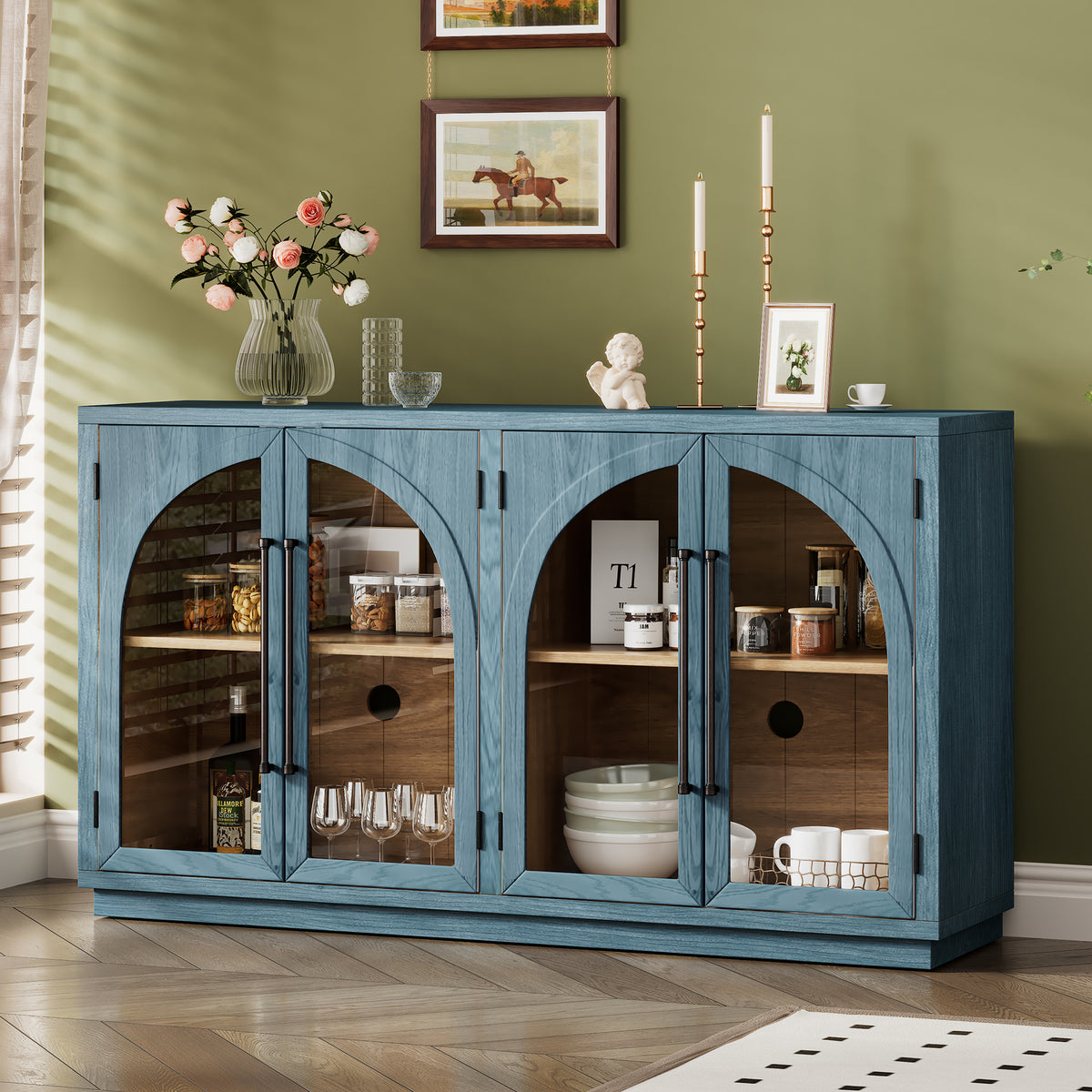 4-Door Large Storage Buffet Cabinet with Glass Doors Arched Design and Adjustable Shelves for Kitchen Dining Room and Living Room In Navy