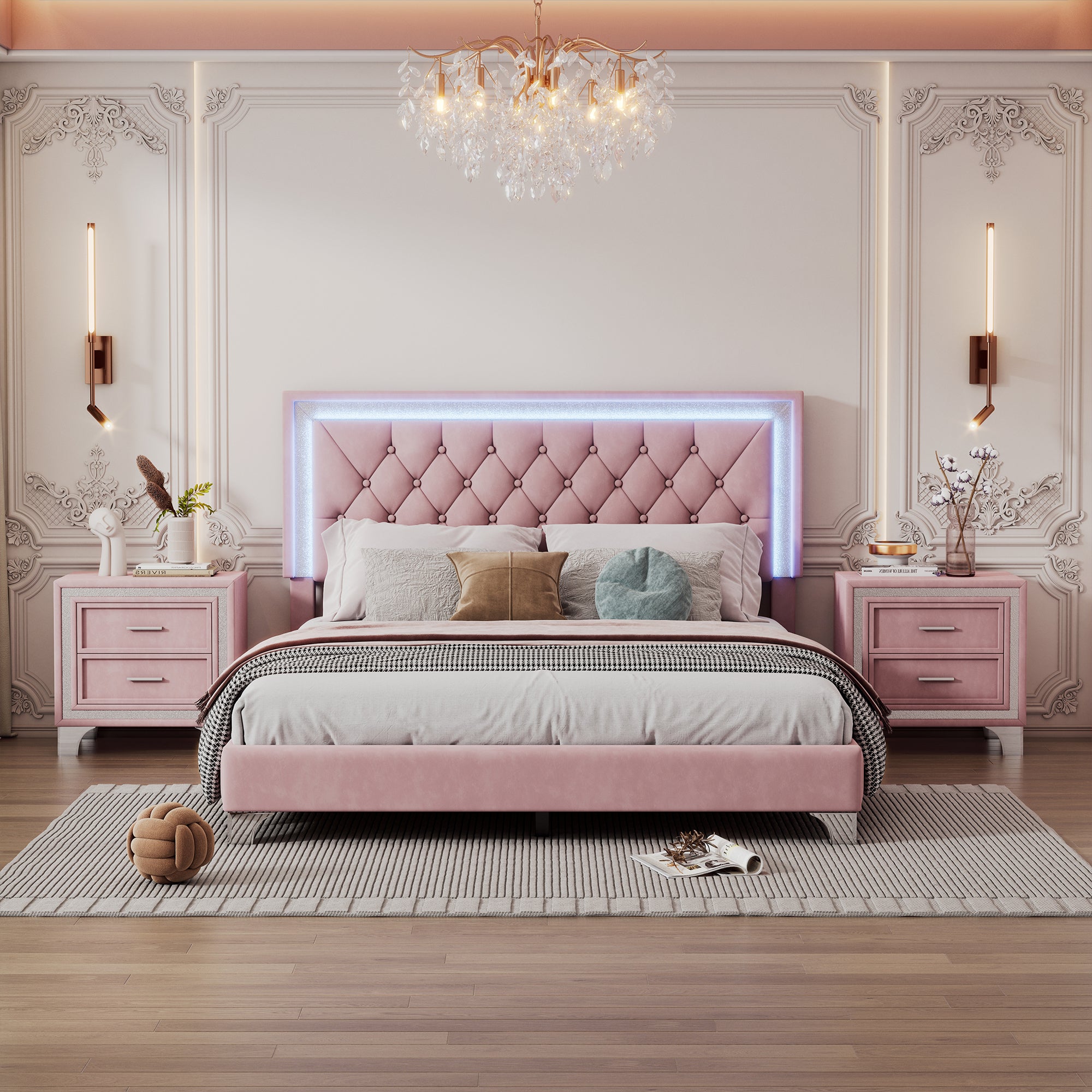 3-Pieces Bedroom Sets Queen Size Upholstered Bed with LED Lights and Nightstands In Pink