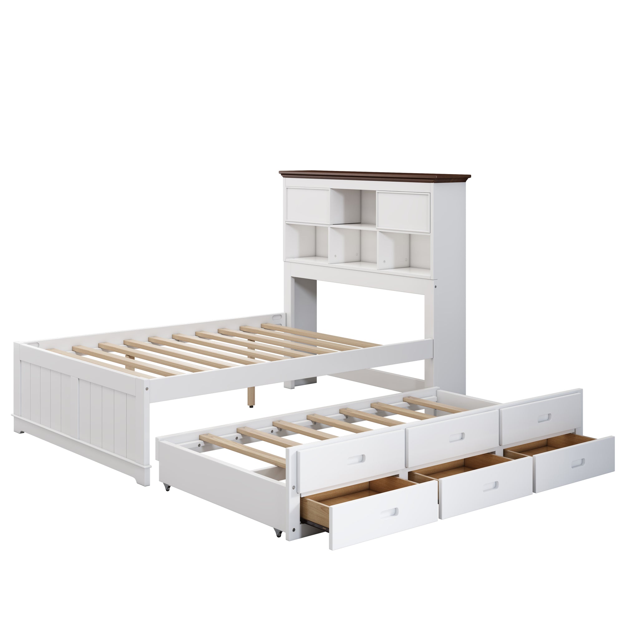 White & Walnut Full Size Bookcase Bed with Trundle and Storage