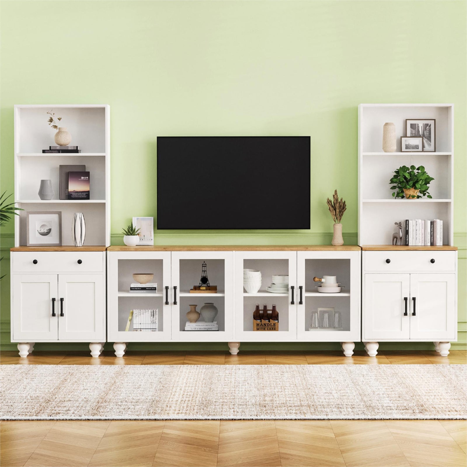 White 110" Farmhouse TV Stand with Solid Wood Legs for TVs Up to 70"
