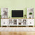 Farmhouse TV Stand with Solid Wood Legs for TVs Up to 70 Inch Adjustable Shelves and Glass Doors Media Console In White