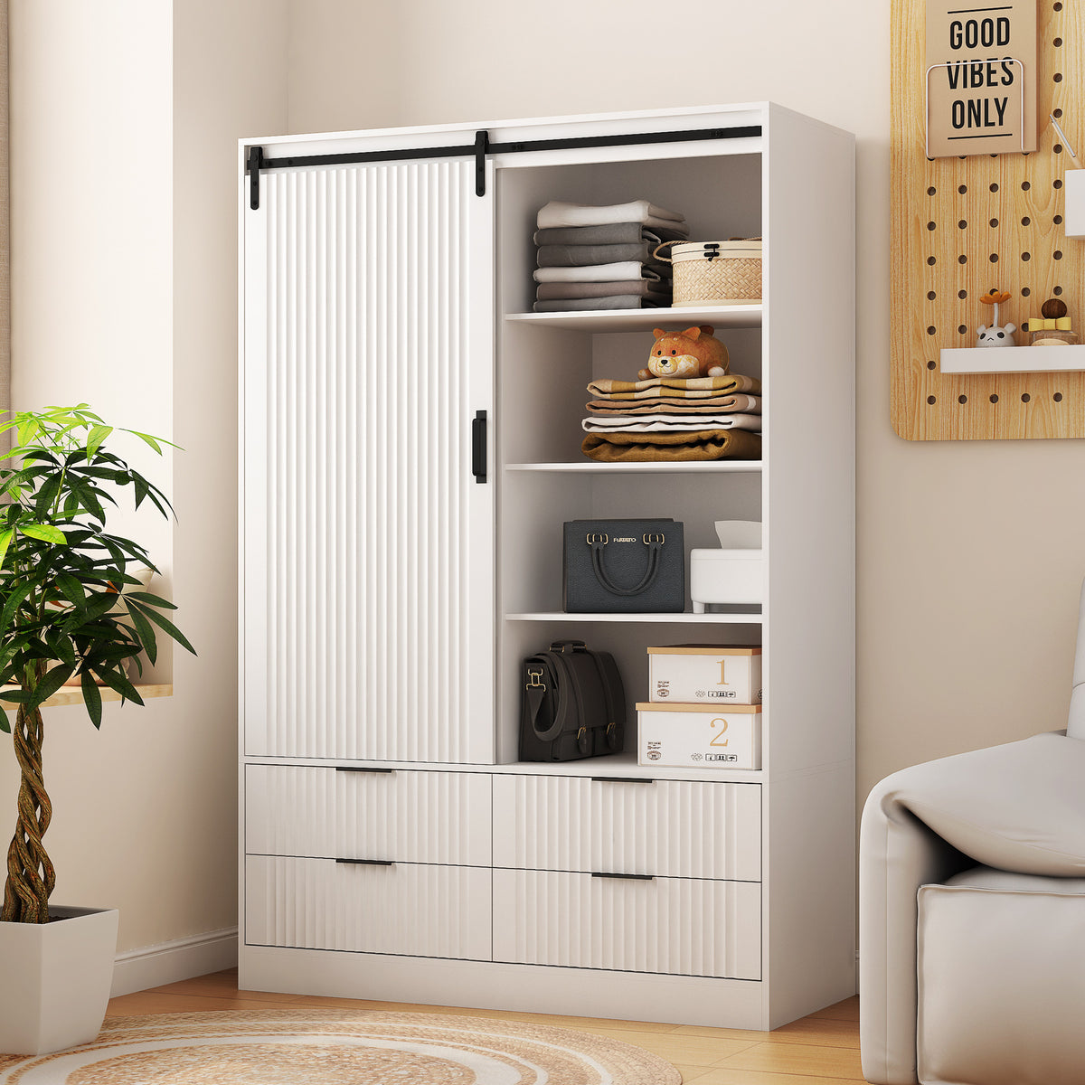 Tall Bedroom Armoire Wardrobe Closet with Hanging Rod and Drawers In White