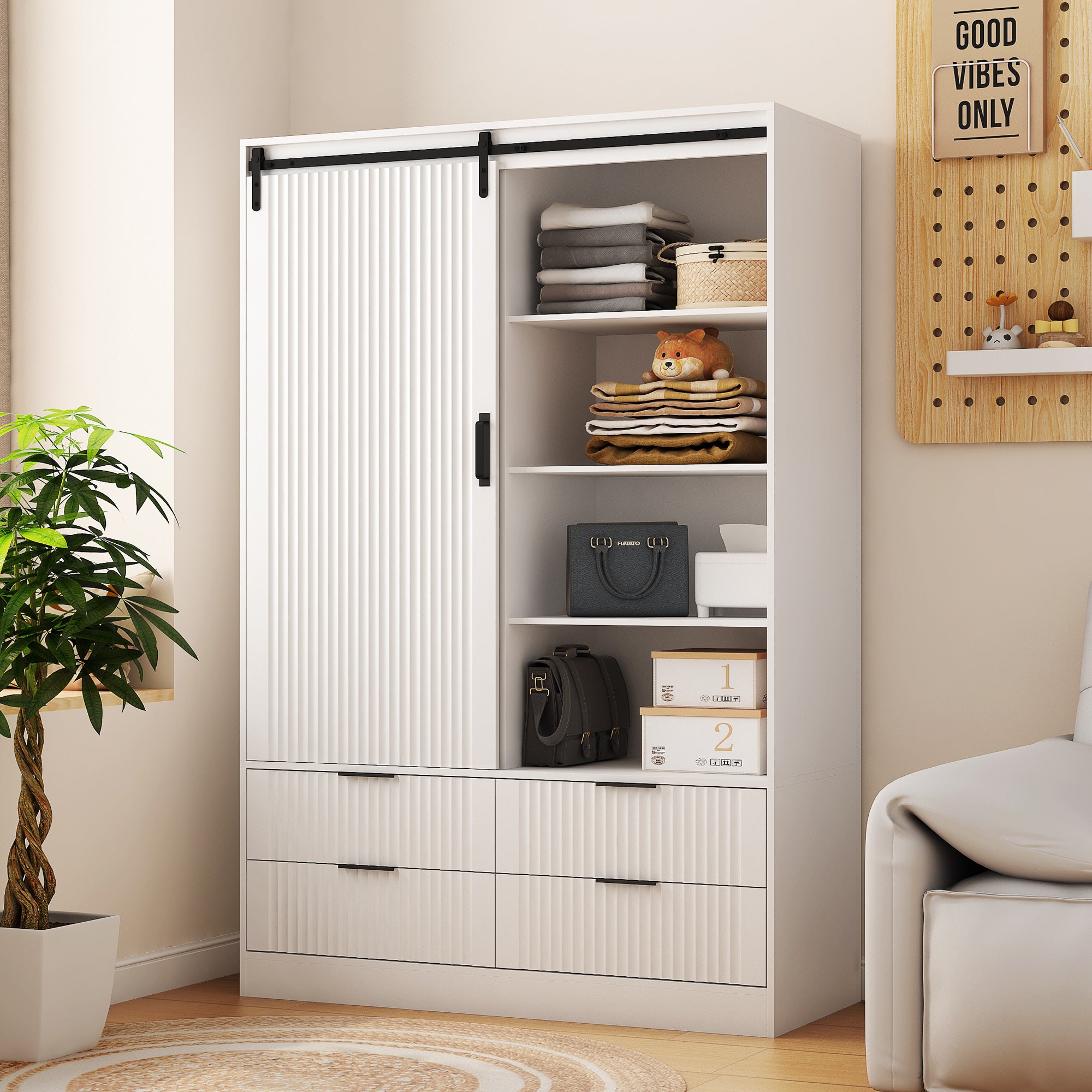 Tall Bedroom Armoire Wardrobe Closet with Barn Door Drawers Open Shelves Made of MDF In White