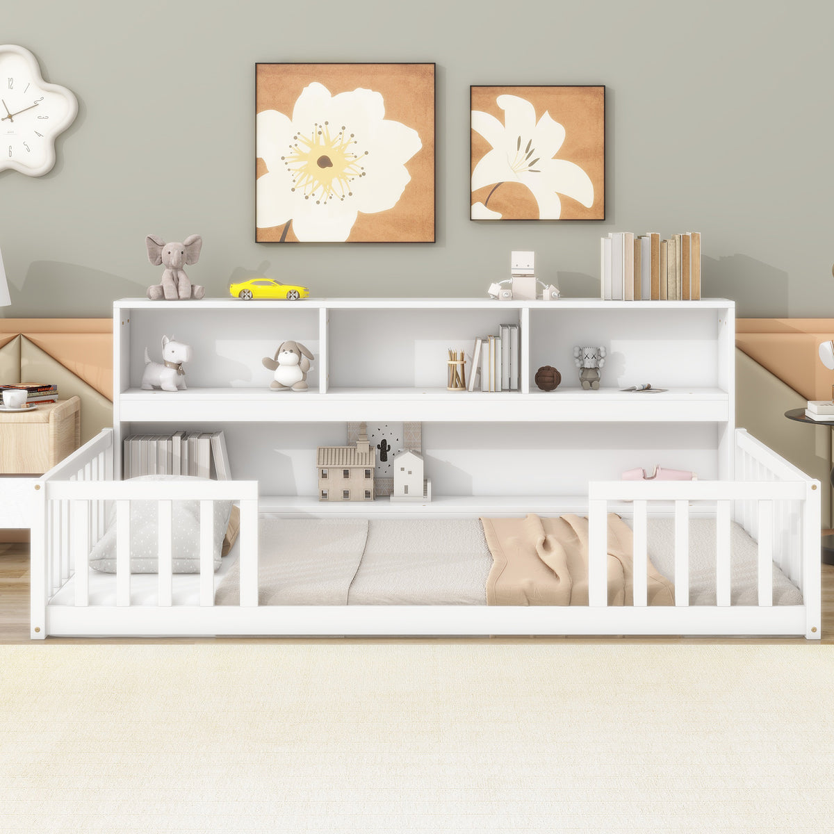 Twin Toddler Floor Bed with Bedside Bookcase, Shelves, and Guardrails in White