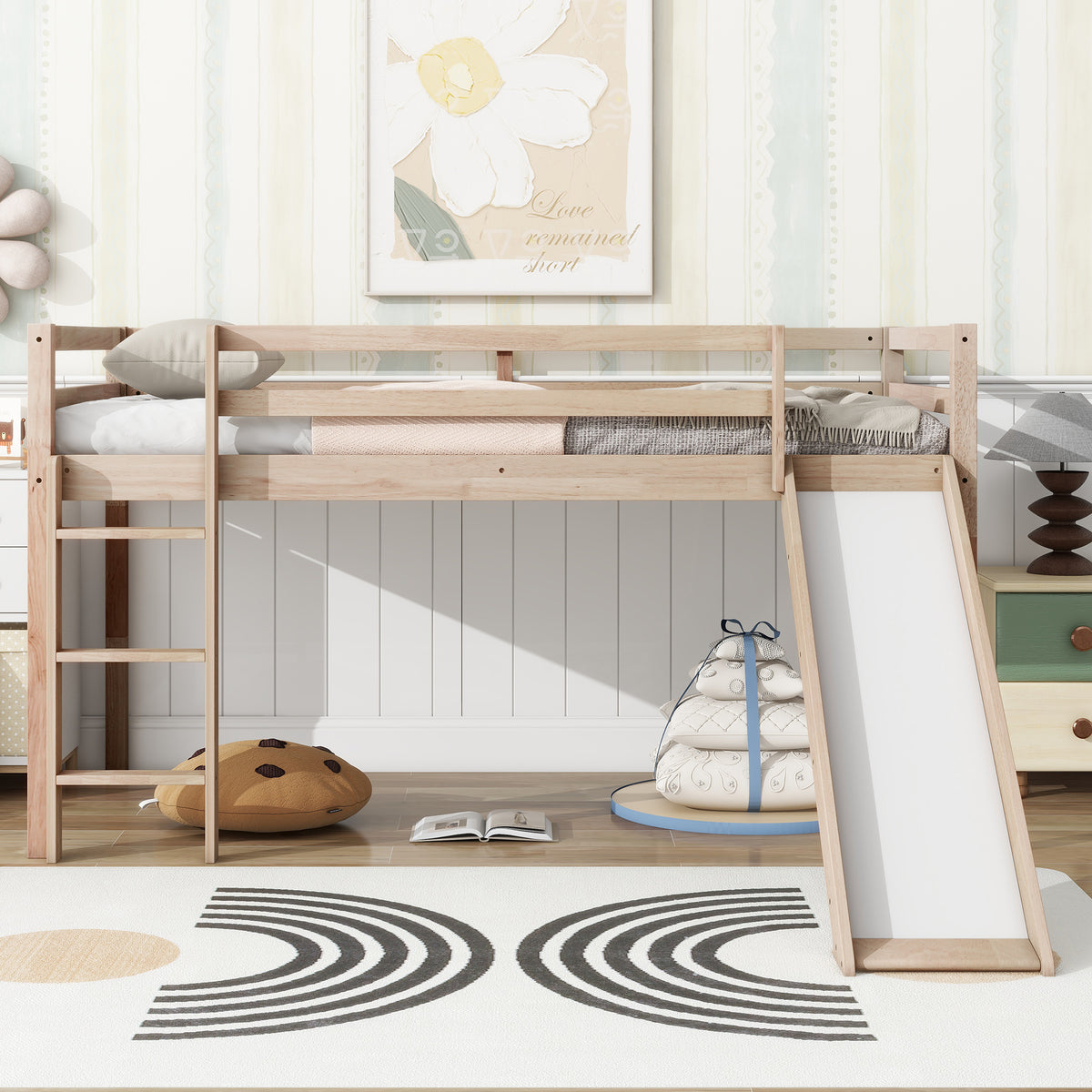 White Oak Twin Low Loft Bed with Slide and Ladder