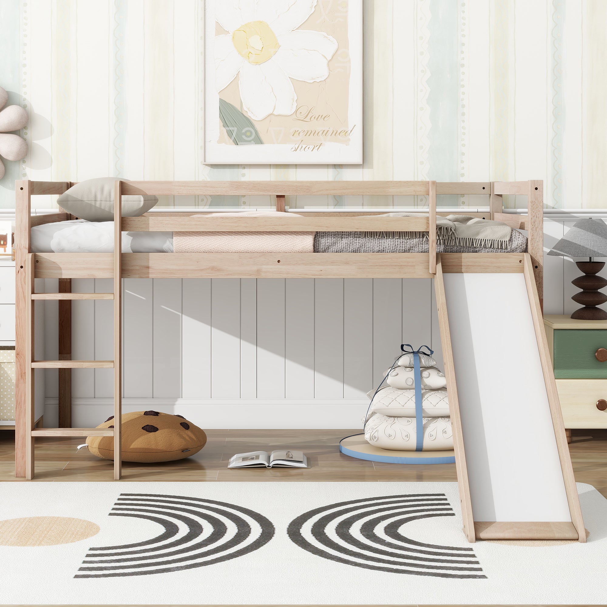 White Oak Twin Low Loft Bed For Kids with Slide & Ladder