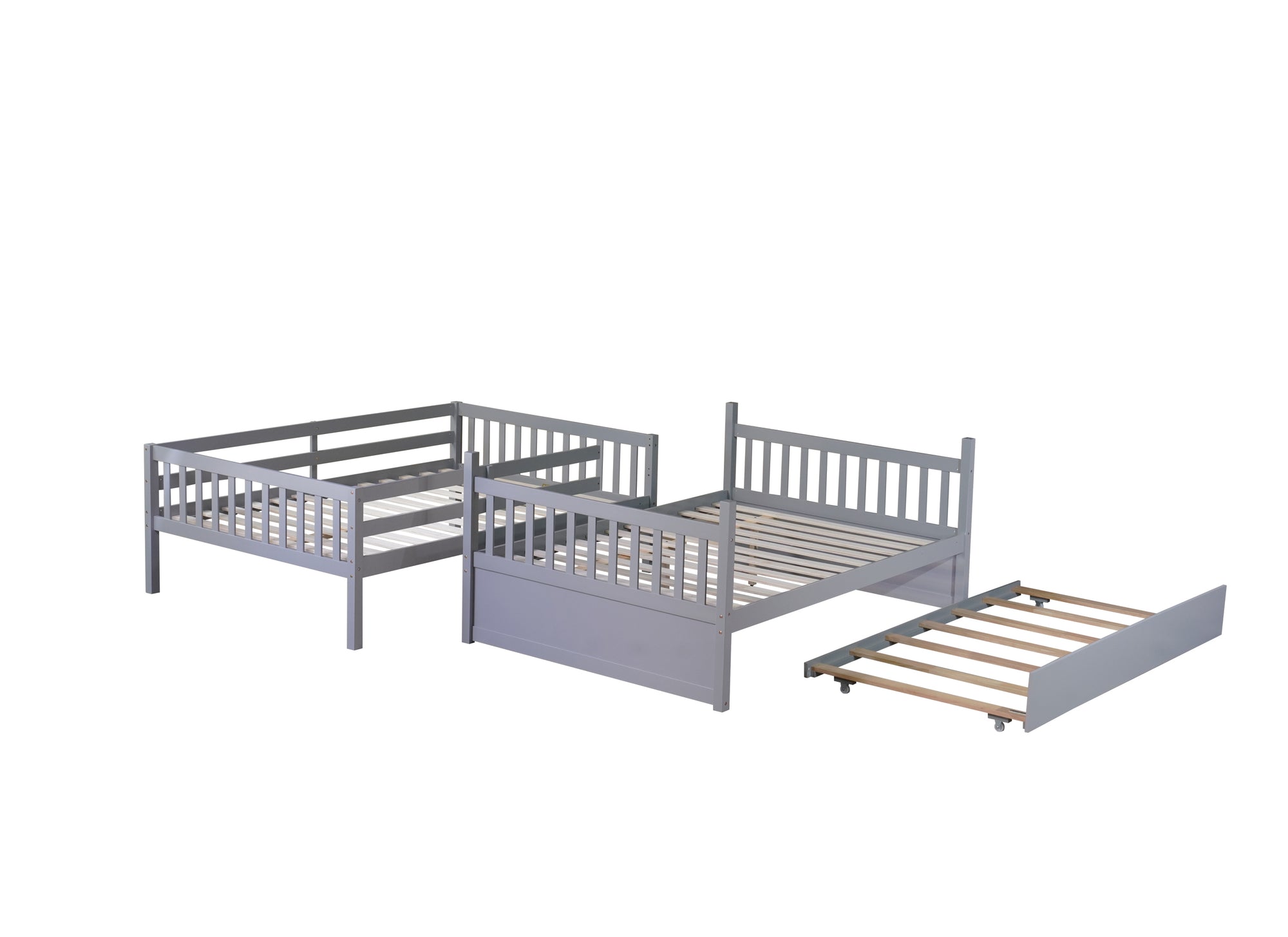 Gray Full Over Full Rubber Wood Bunk Bed with Trundle, Ladder, and Guardrails