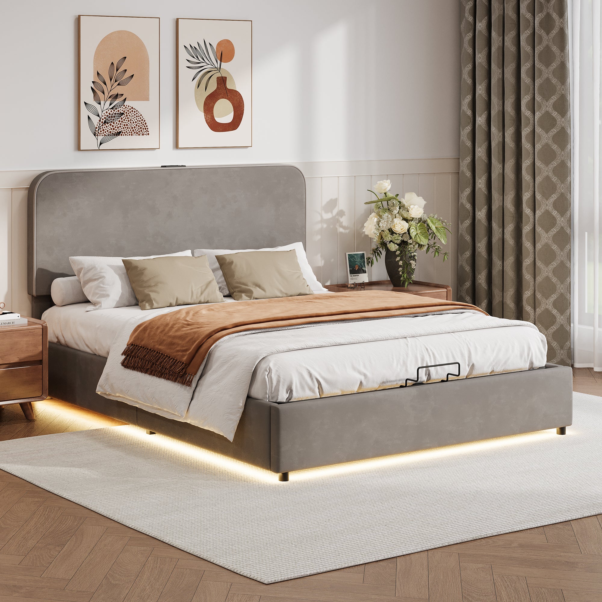 Gray Queen Hydraulic Storage Bed with LED Lights, Built-in Bluetooth Speaker, and USB Charging