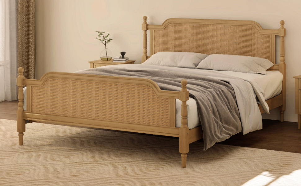 Walnut Toned King Rattan Bed Frame with Elegant Rattan Headboard