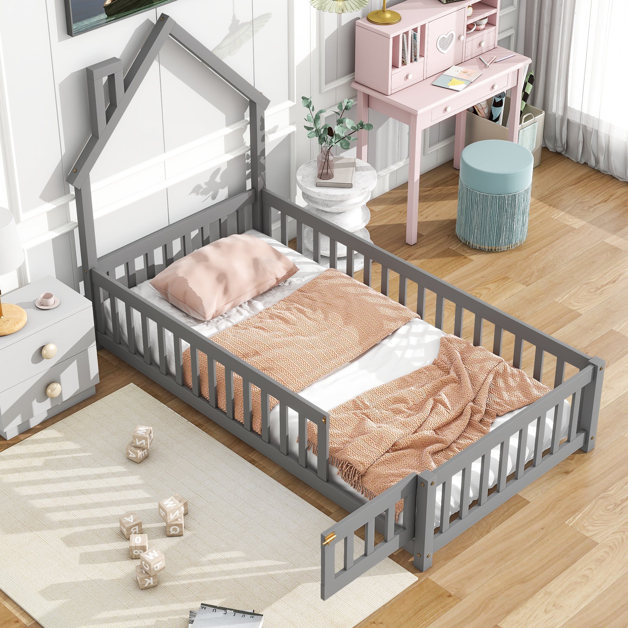 Gray Twin House-Shaped Headboard Floor Bed with Fence