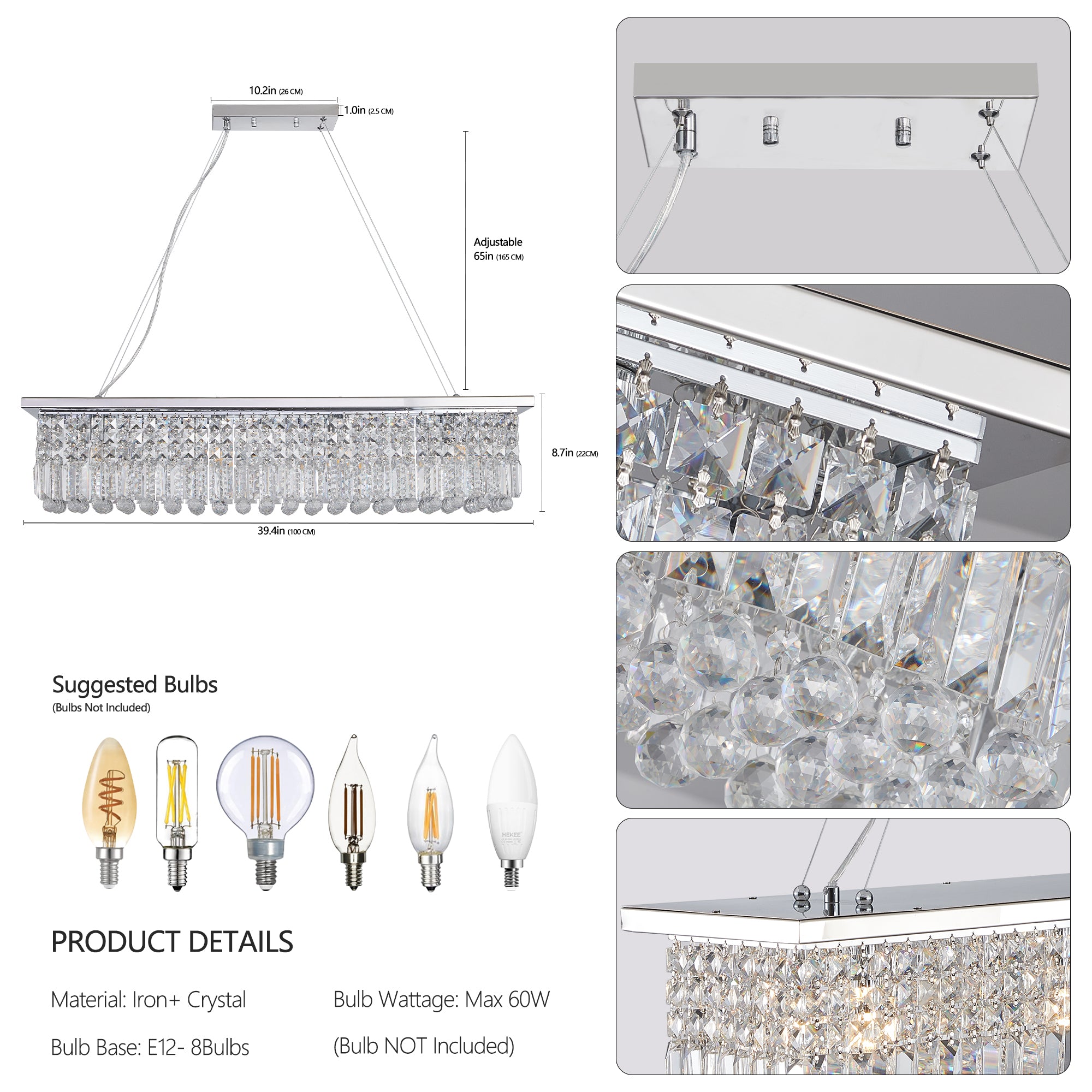 8-Light Raindrop Design Rectangle Chandelier for Dining Room and Kitchen