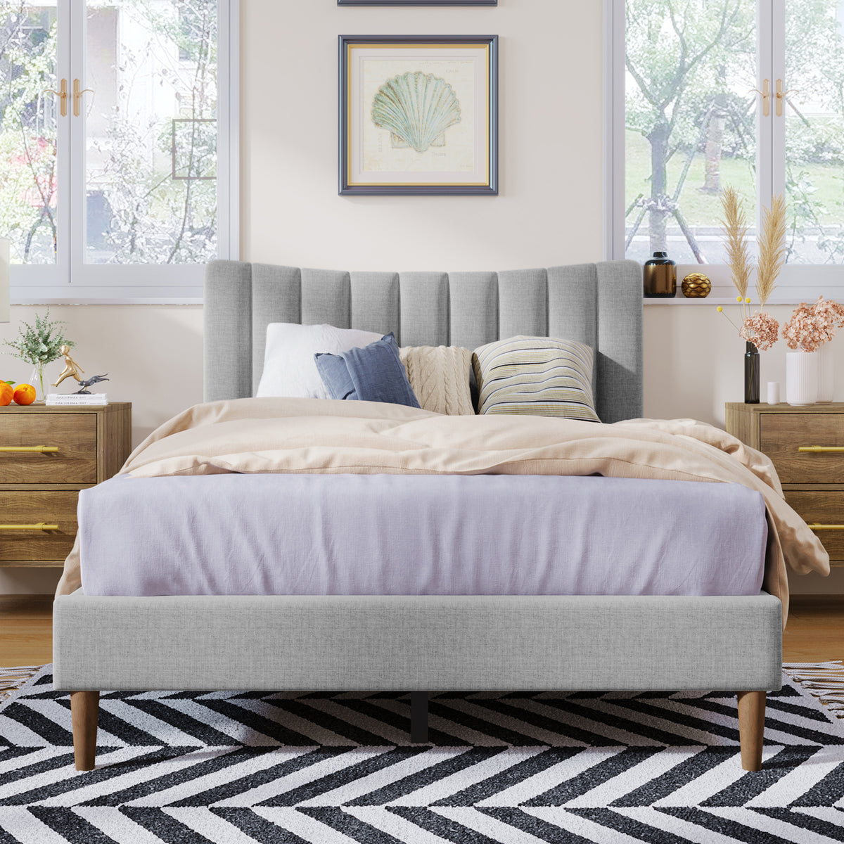 Gray Full Linen Upholstered Bed with Channel Tufting