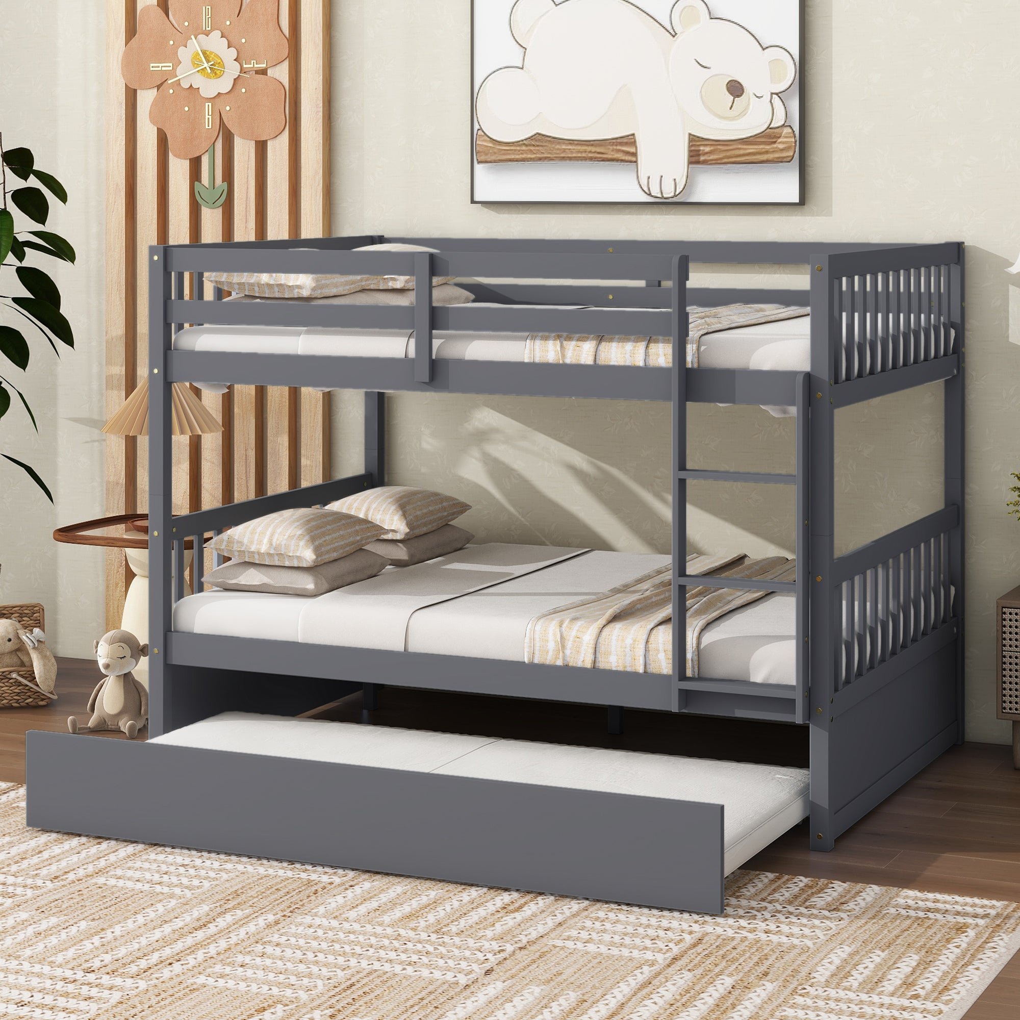 Dark Gray Full Over Full Rubber Wood Bunk Bed with Trundle, Ladder, and Guardrails