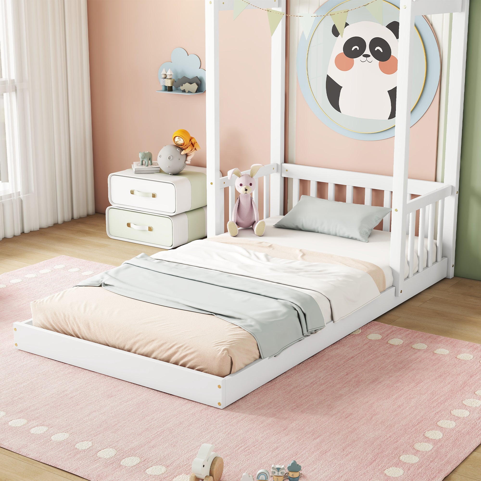 White Twin House-Shaped Roof Headboard Toddler Floor Bed