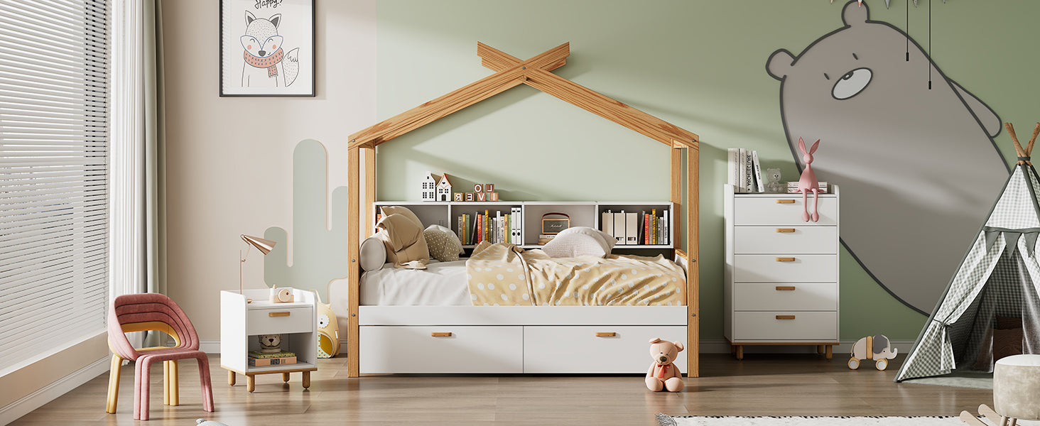 Full-Size House Bed with Storage Drawers and Bookshelves