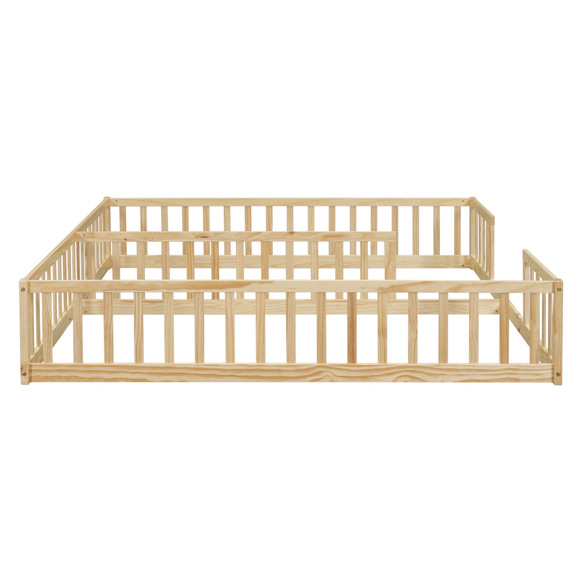 Double Twin Toddler Floor Bed with Fence and Guardrails in Natural Tones