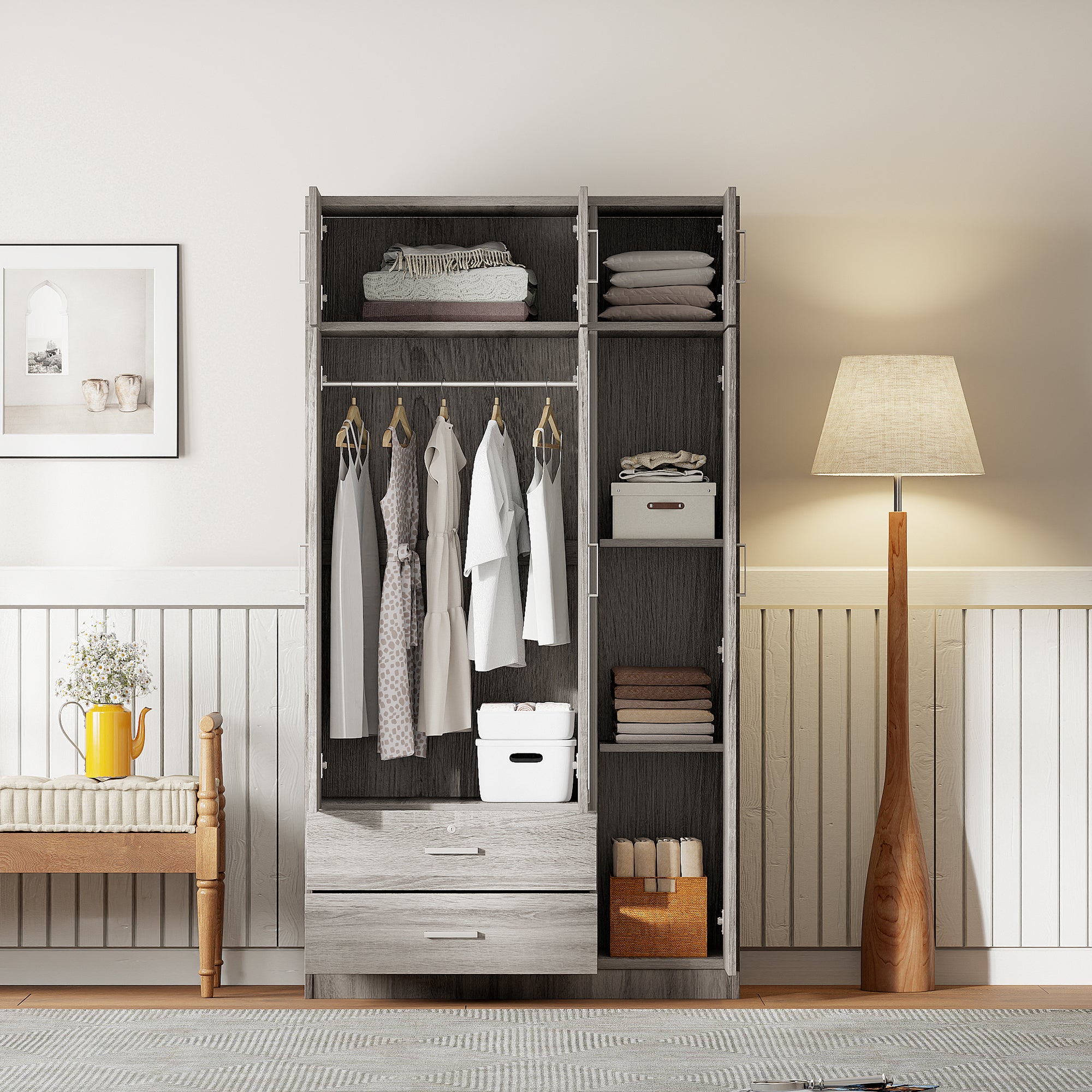 Modern 3-Door Mirror Wardrobe with 2 Drawers and Top Cabinet In Gray