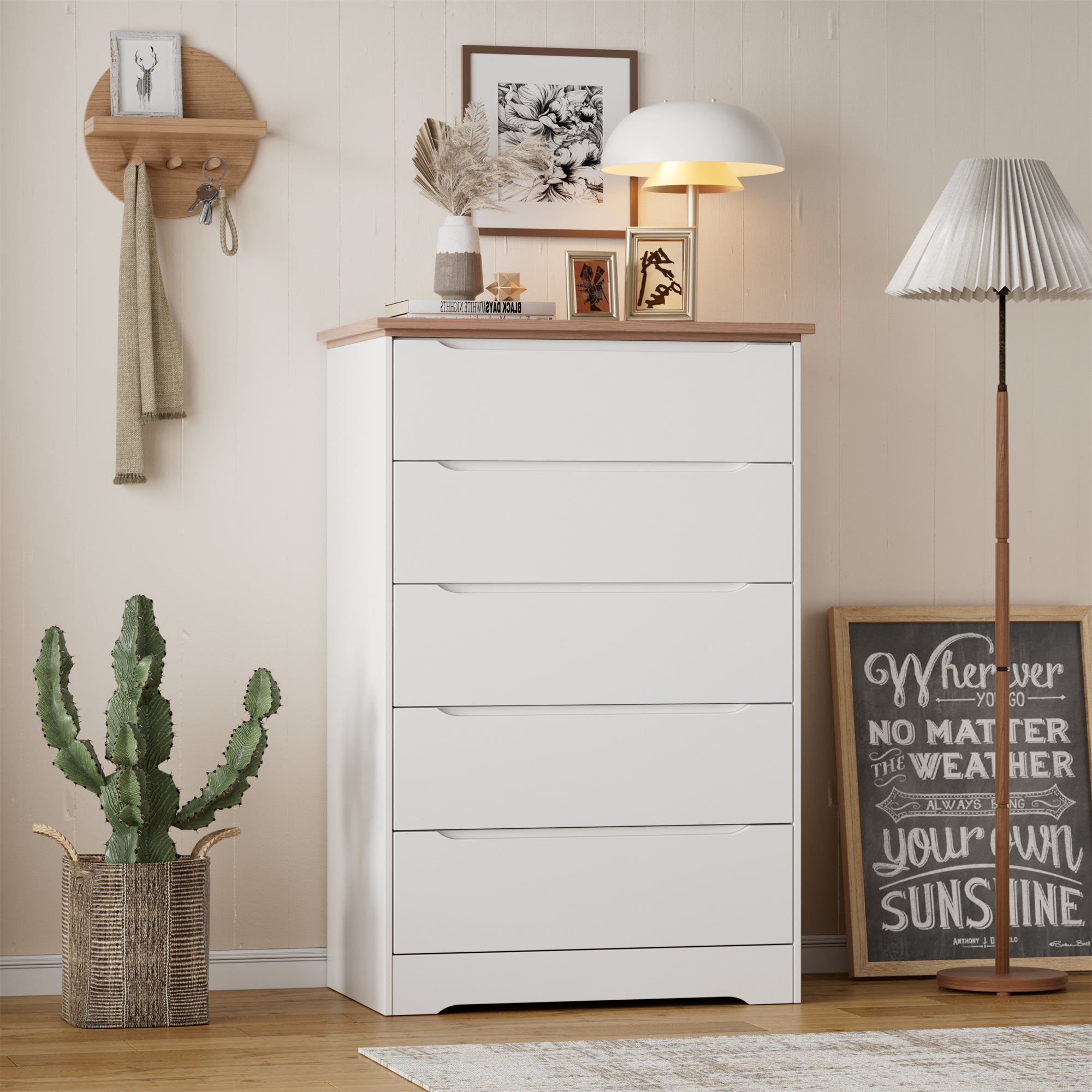 Modern 5 Drawers Dresser for Bedroom with Hidden Handle Design In White and Brown