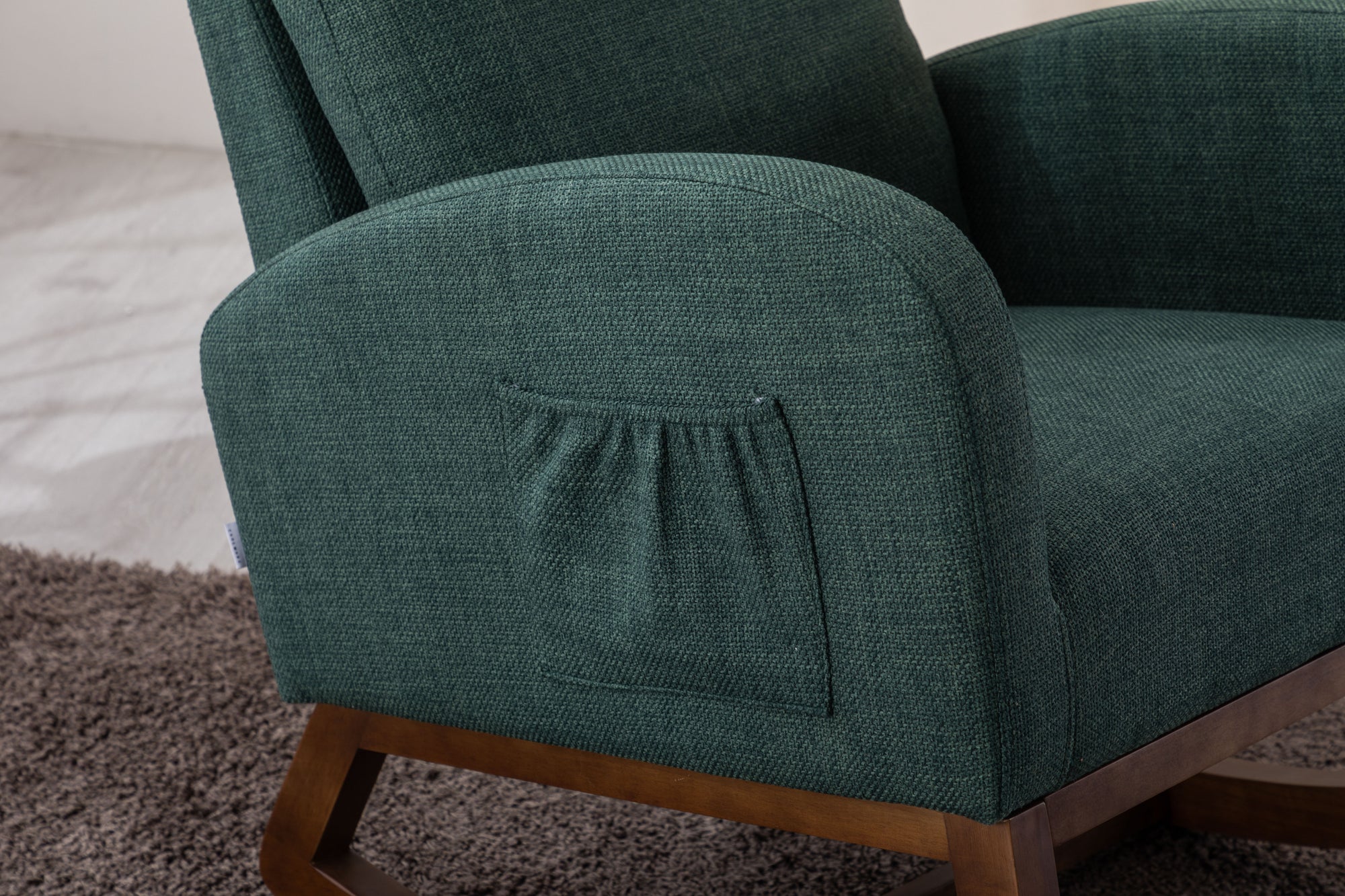 Modern Glider Rocking Chair with Side Pocket and High Back in Emerald Linen