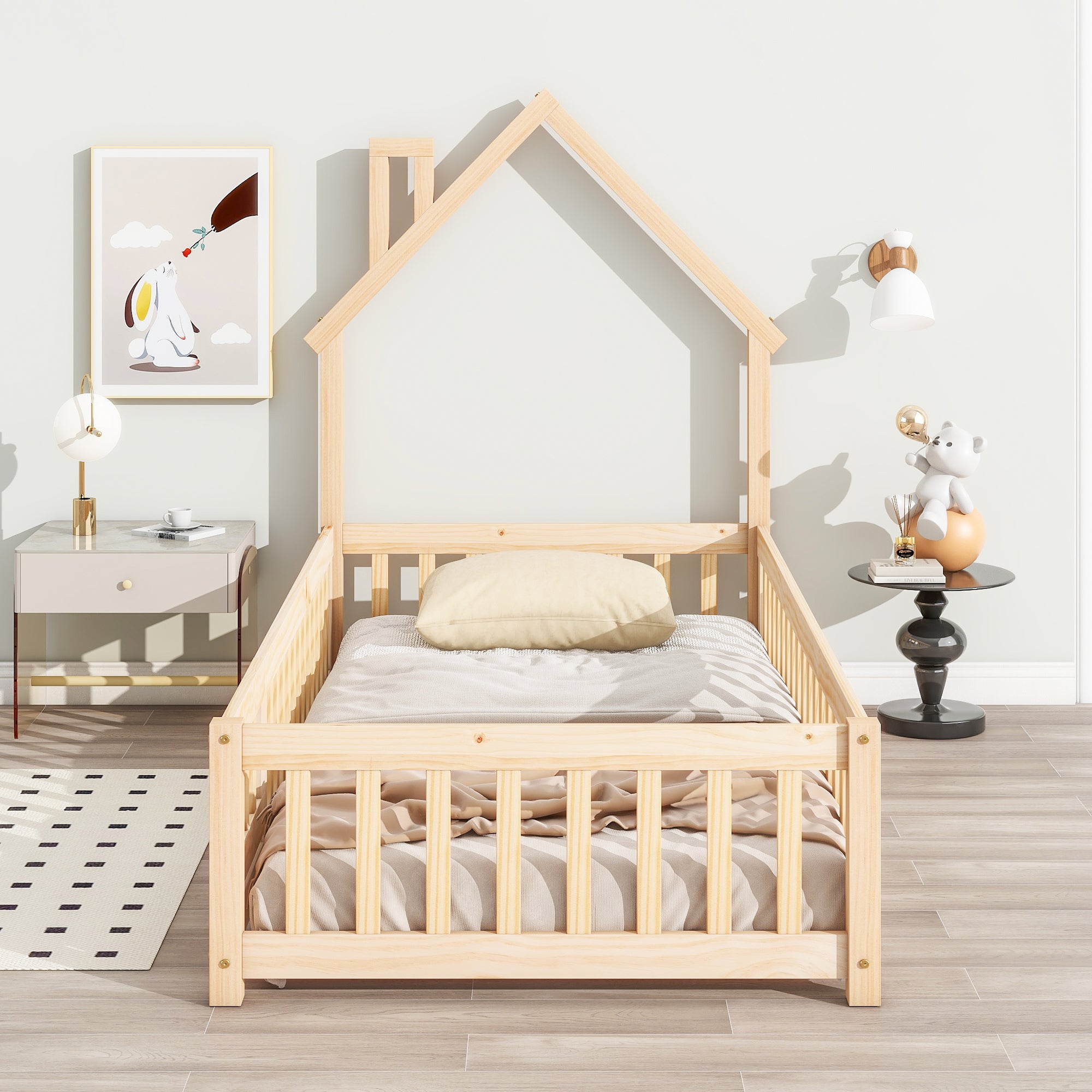 Natural Twin House-Shaped Headboard Toddler Floor Bed with Fence