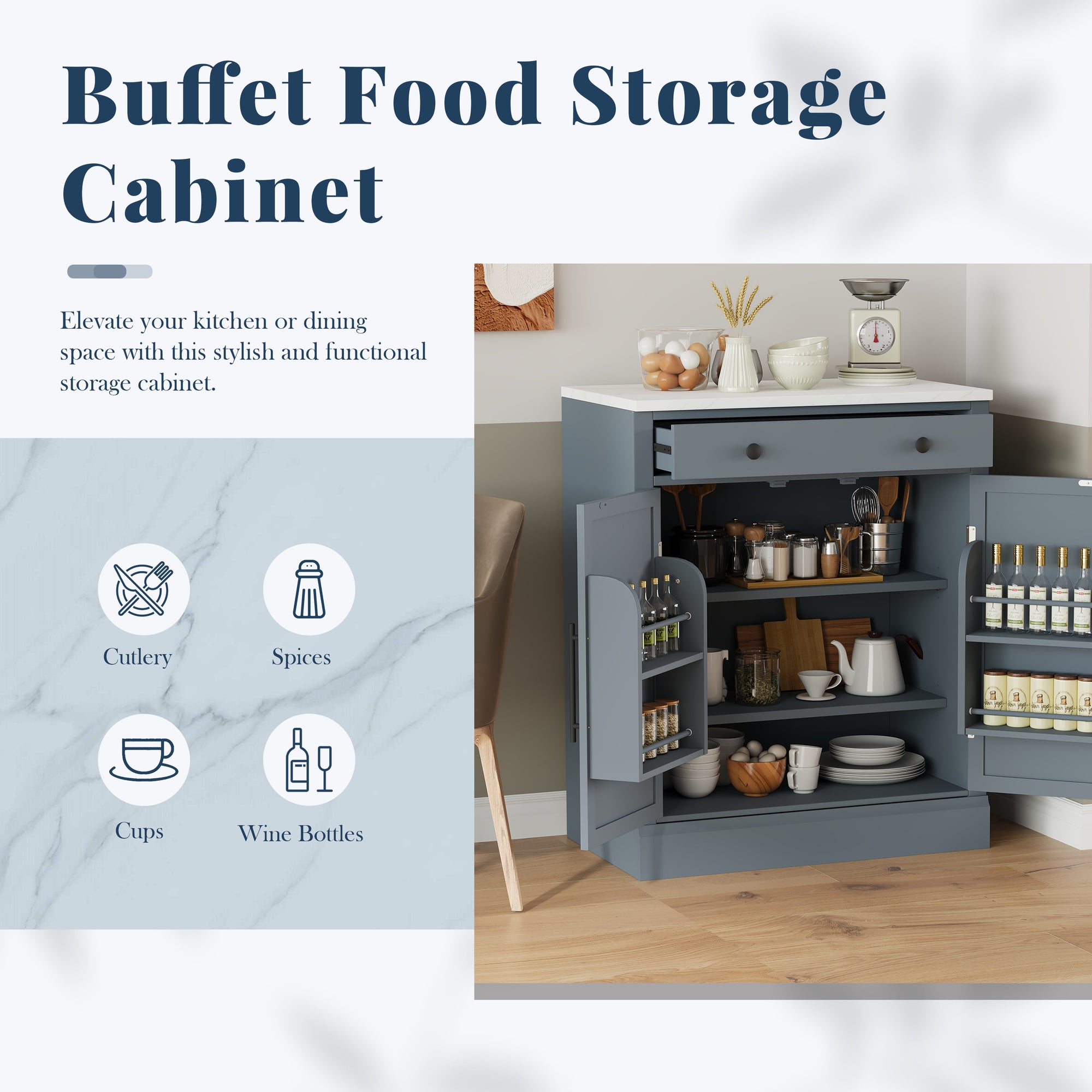 Modern Freestanding Kitchen Pantry Set with Adjustable Shelves and Drawer for Storage In Gray