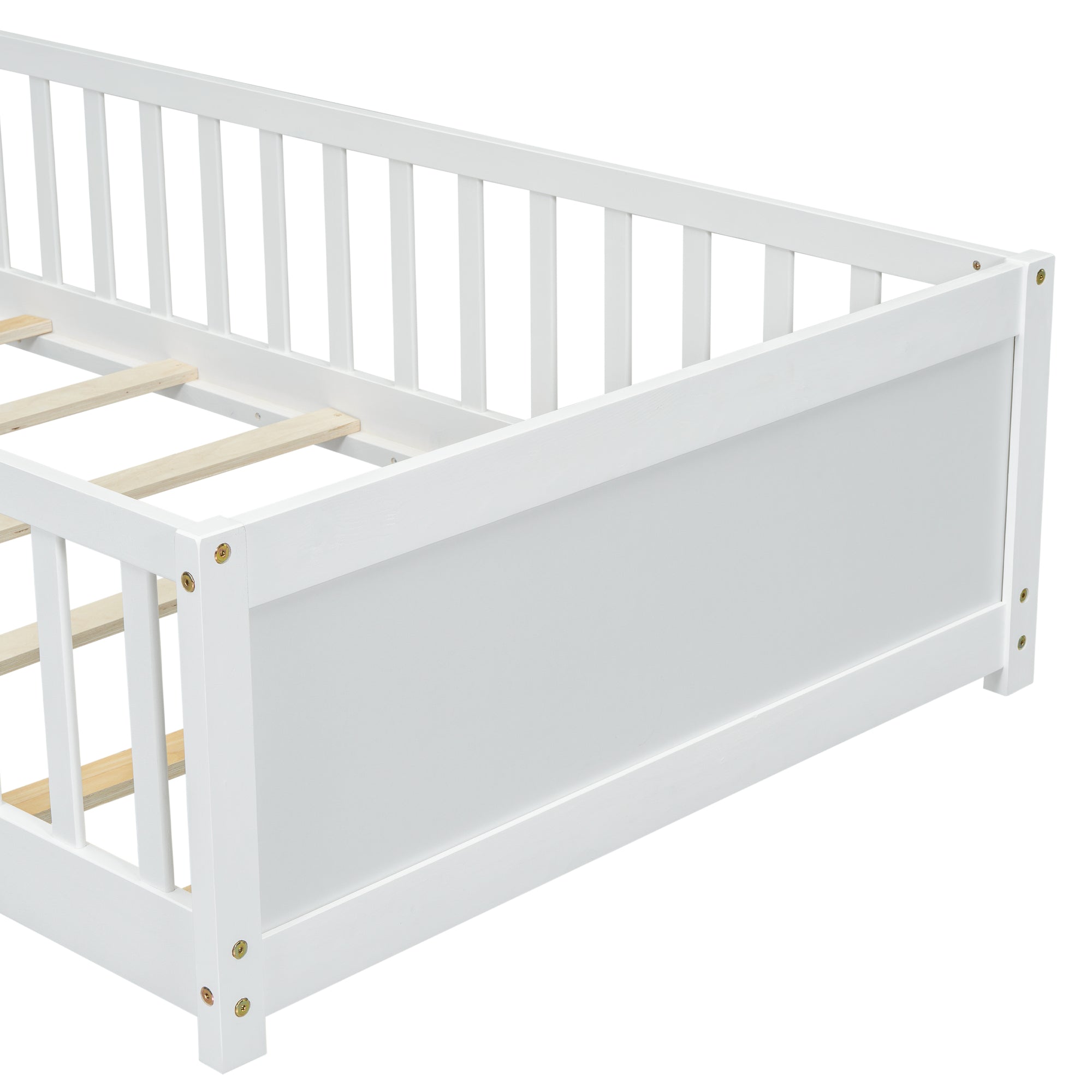 White Twin Toddler Floor Platform Bed with Built-in Book Storage Rack and Door