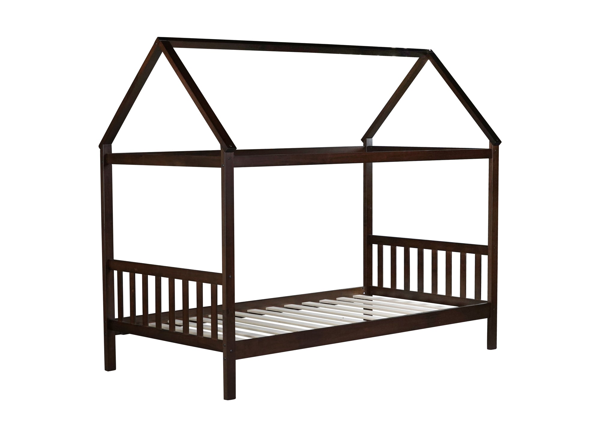 Espresso Twin Rubber Wood House Bed with Headboard and Footboard