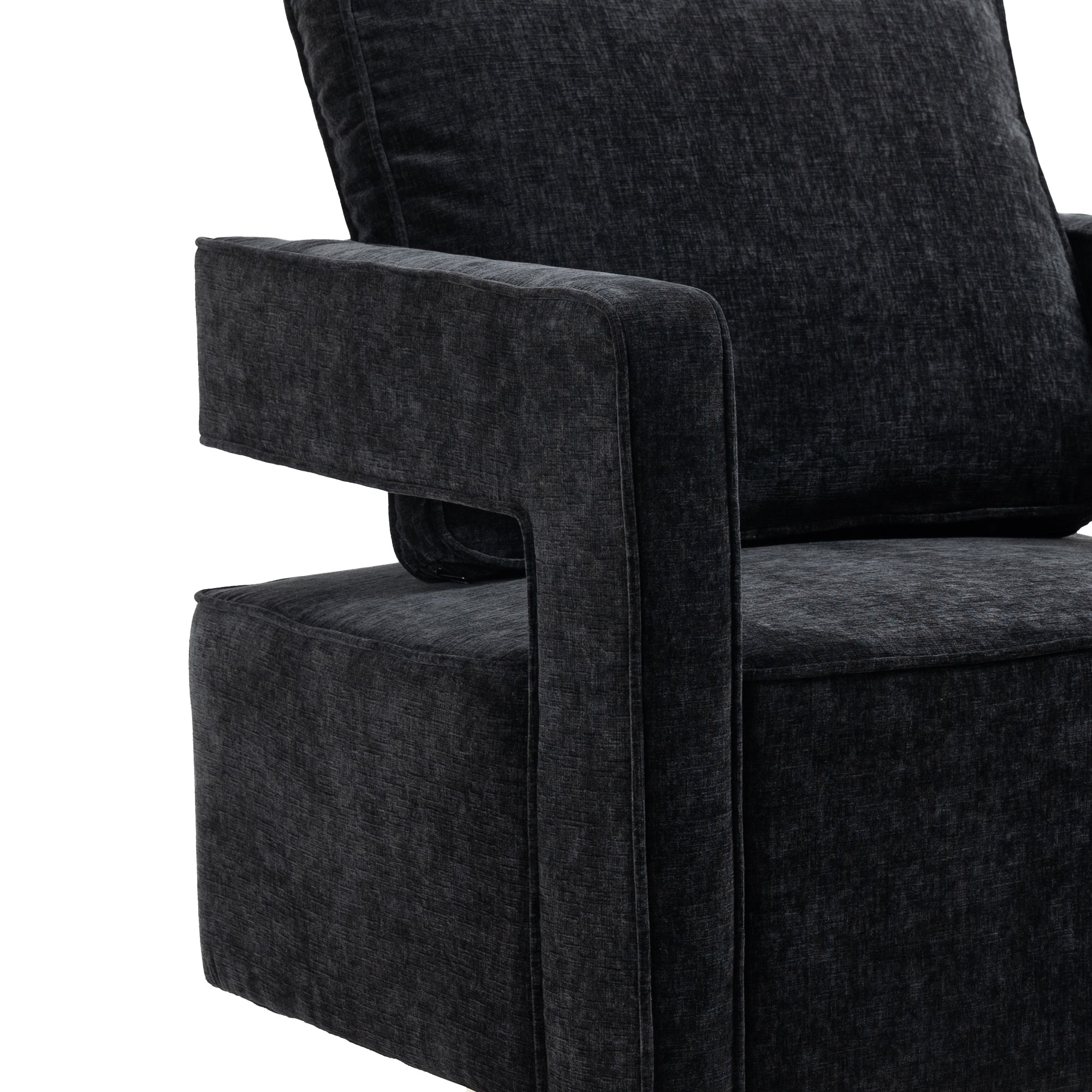 Open Back Black Chenille Swivel Accent Chair With Gold Stainless Steel Base