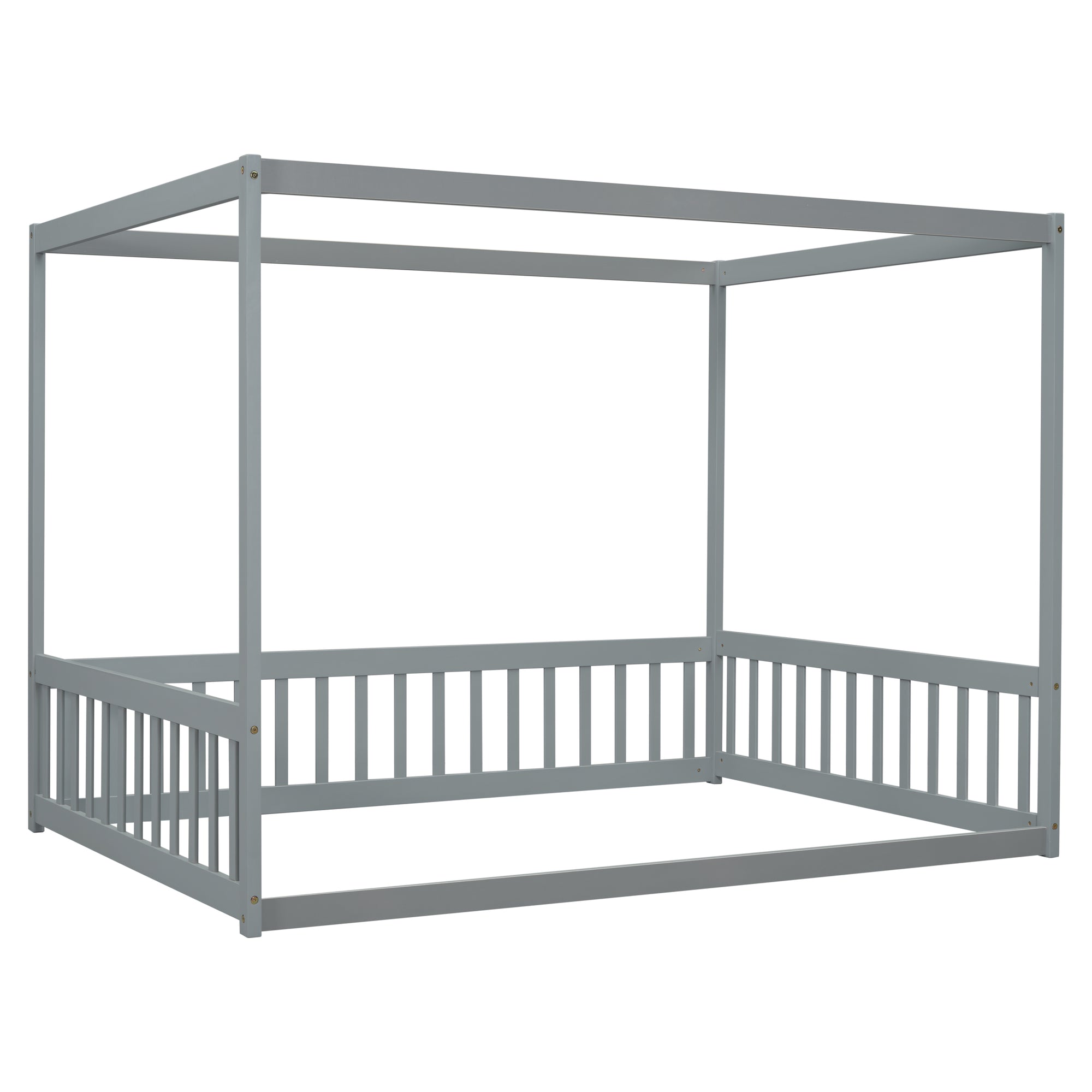 Full Size Canopy Frame Floor Bed with Fence and Guardrails in Gray