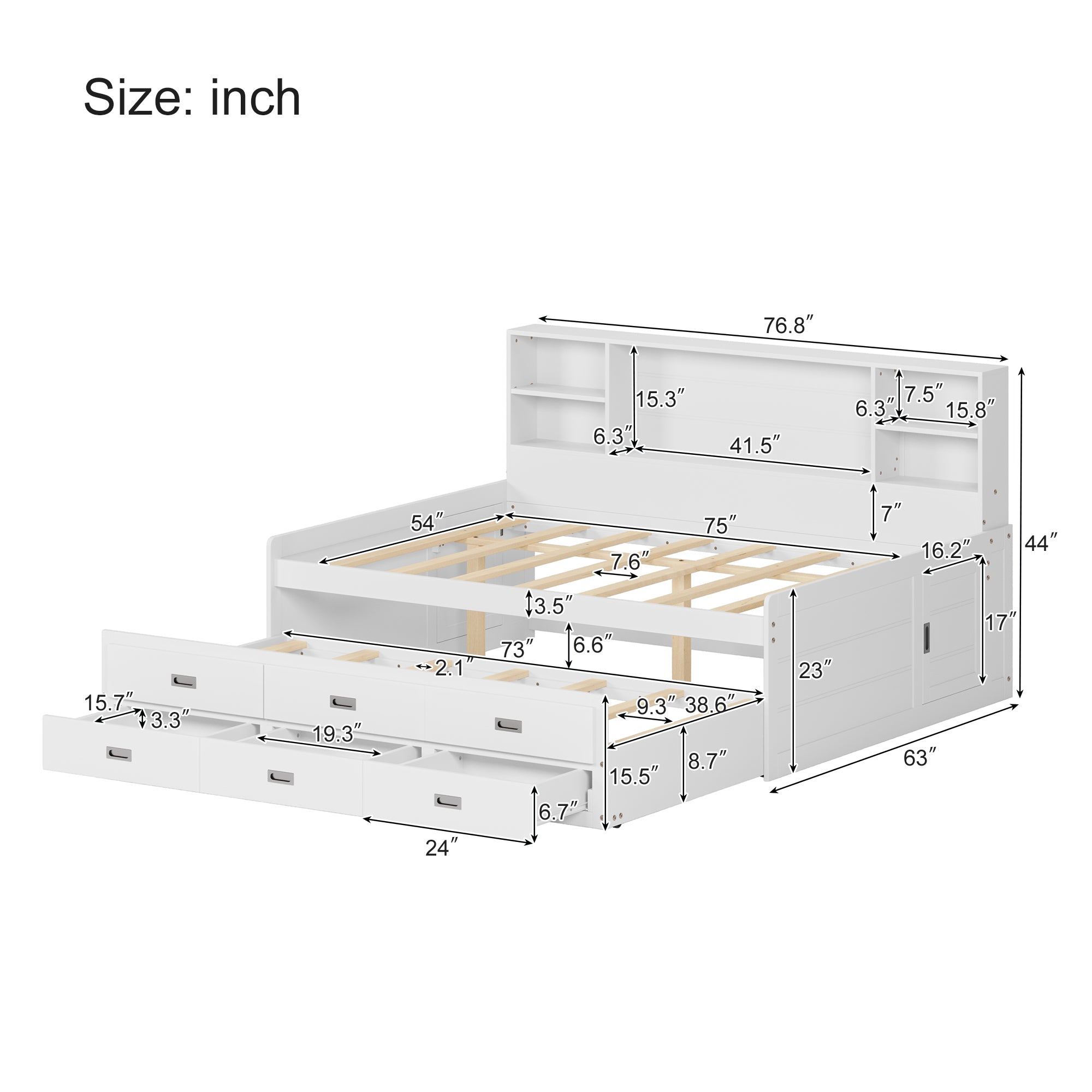 Full Size Wooden Captain Daybed with Trundle & Storage Drawers