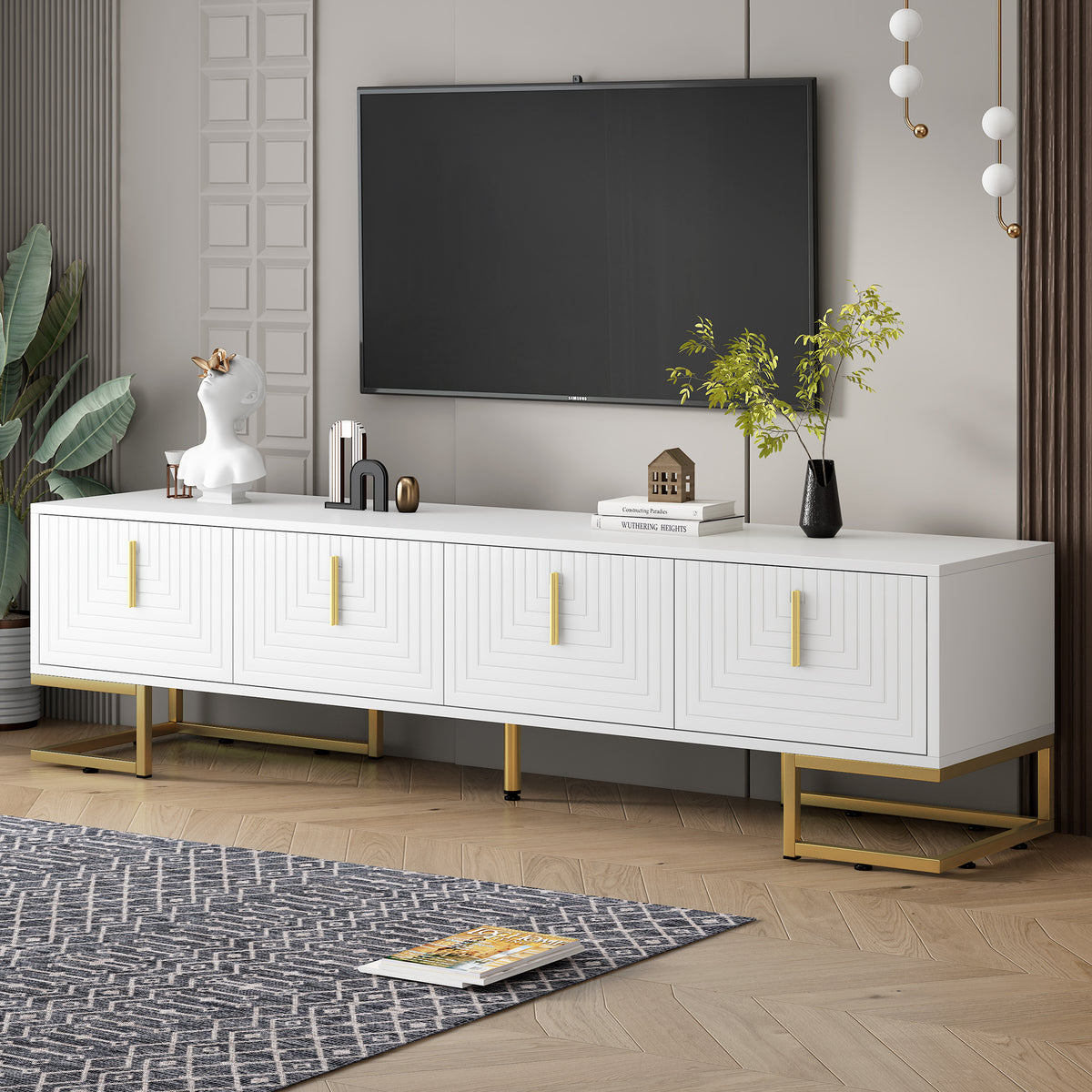 Modern TV Stand with Metal Legs and Gold Handles for TVs Up to 80 Inch Media Console with Adjustable Shelves In White