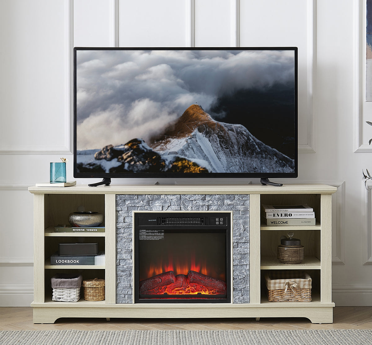 Mantel Electric Fireplace Stone TV Media Stand with 18 Inch Insert Open Storage Modern Console In White