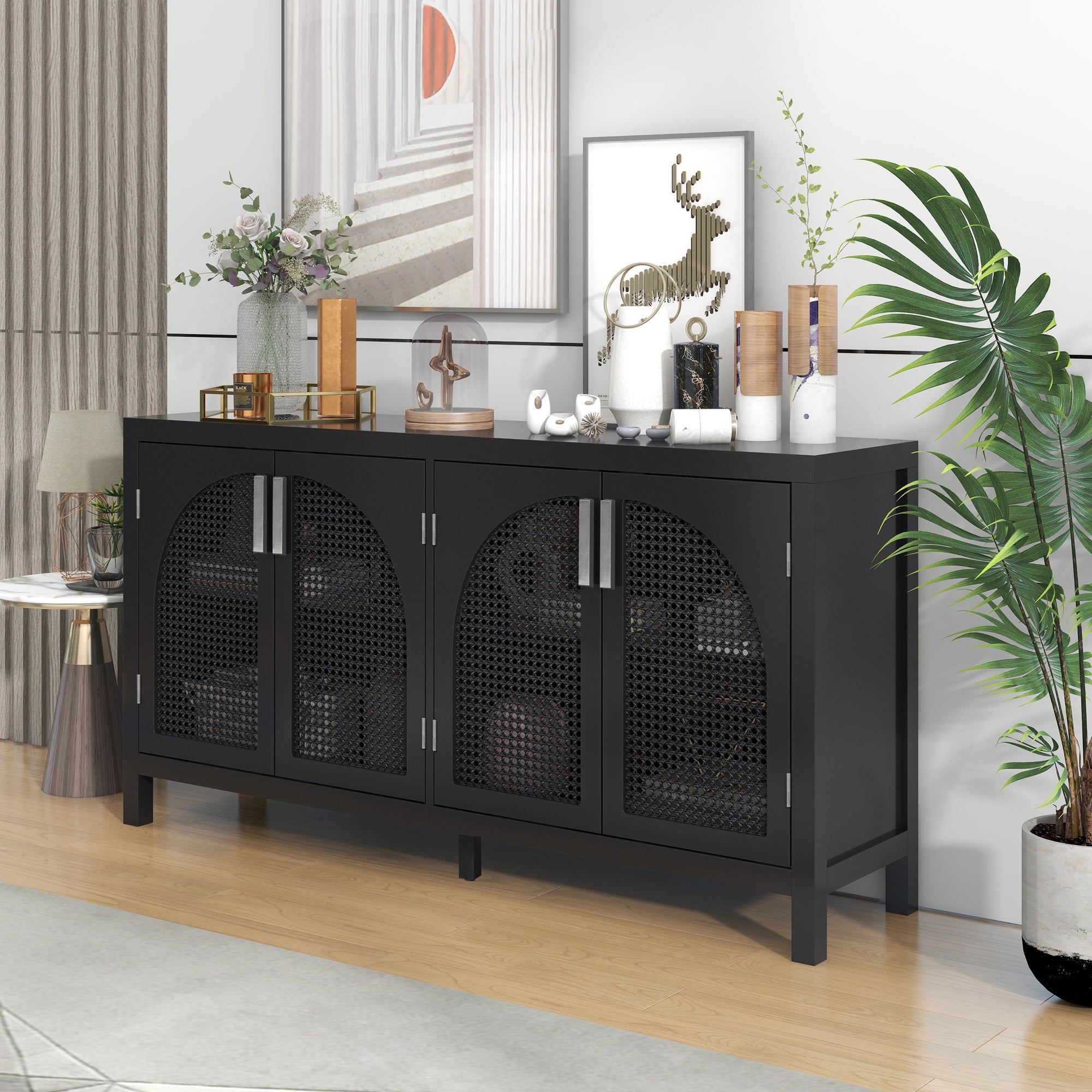 Large Storage Space Sideboard with Rattan Doors and Metal Handles for Living Room and Entryway In Black