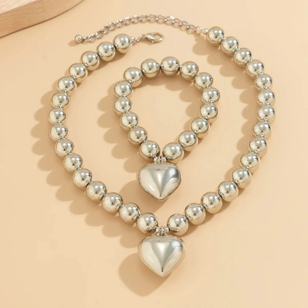 Chunky Heart Pendant Necklace and Bracelet Set