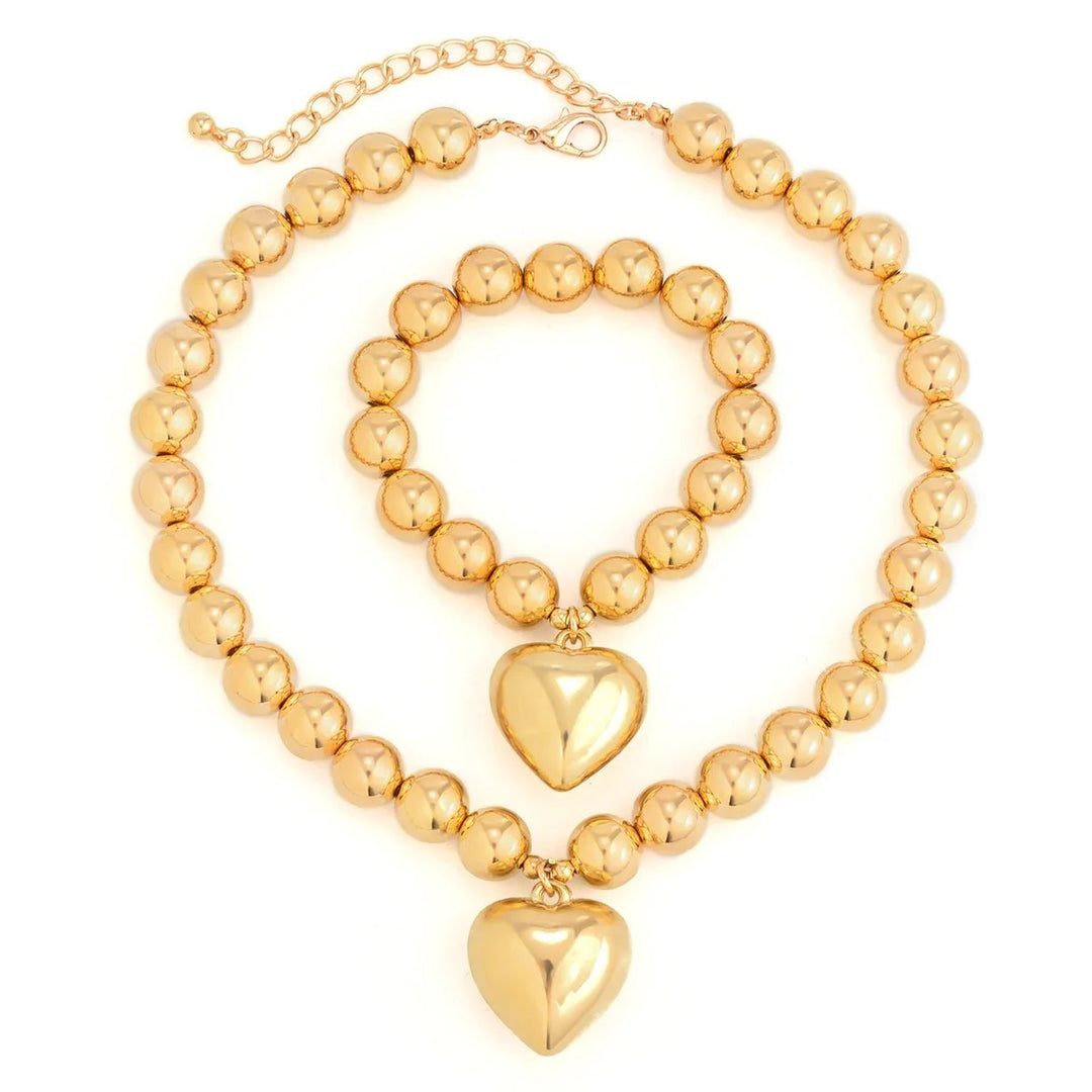 Chunky Heart Pendant Necklace and Bracelet Set