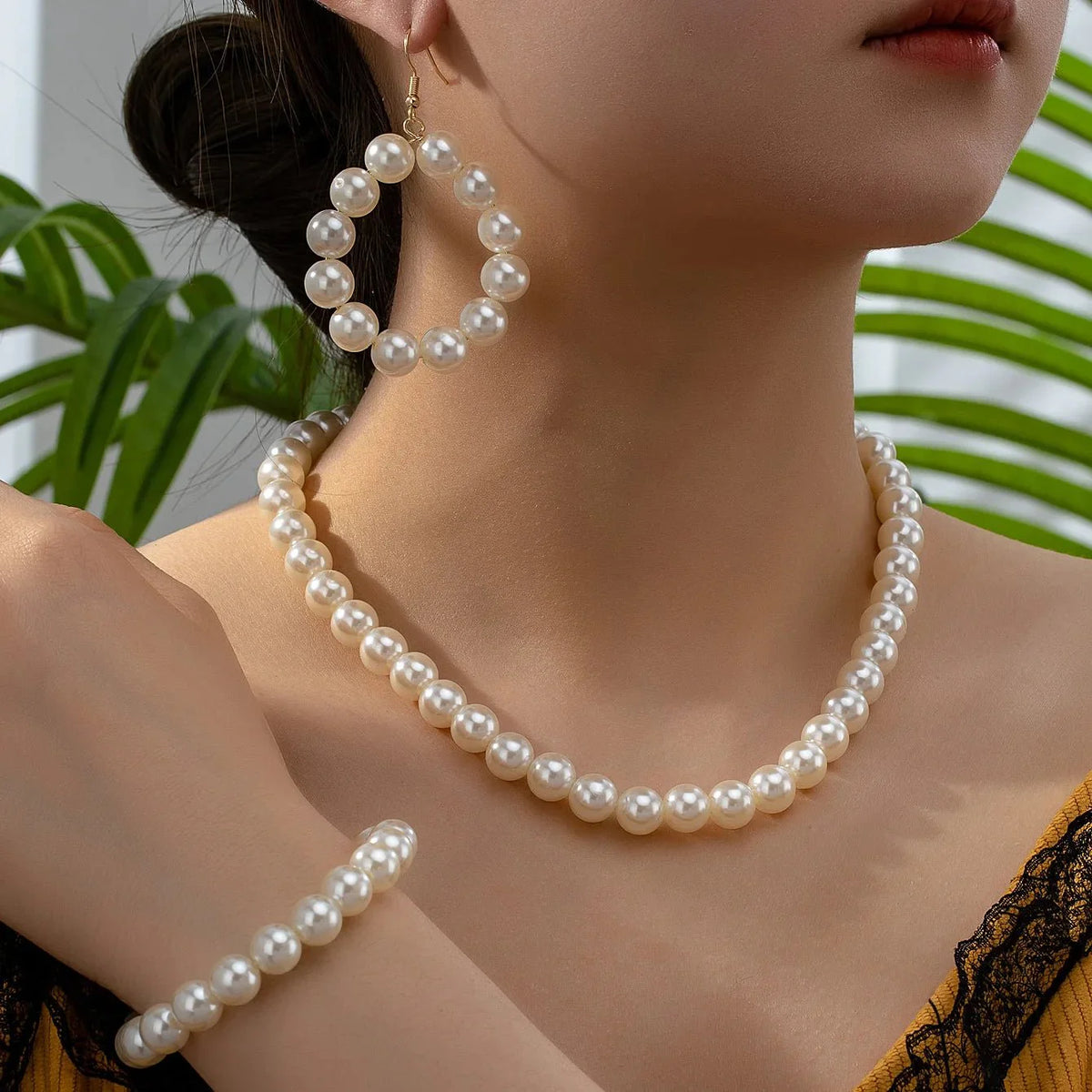Classy beaded pearl necklace bracelet and earring set 188397