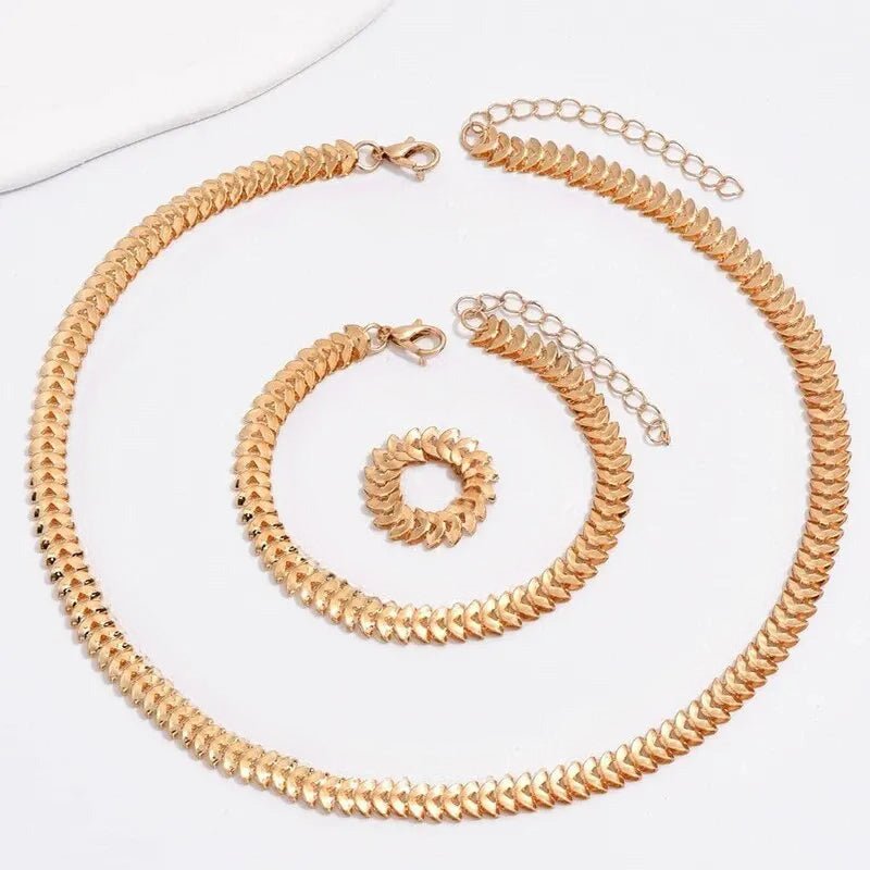 Classy Fishbone Necklace, Bracelet, and Ring Set