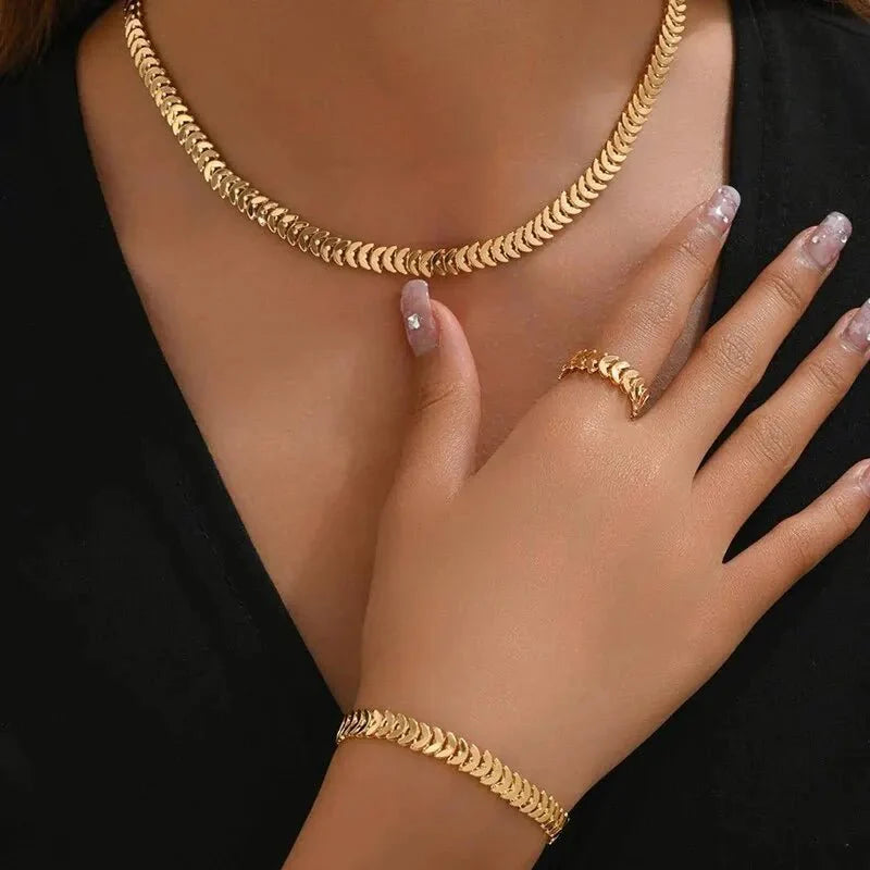 Classy fishbone necklace bracelet and ring set 501036