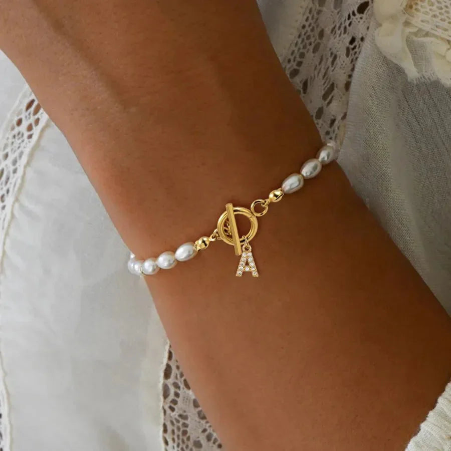 Classy pearl clasp letter initial bracelets 556460