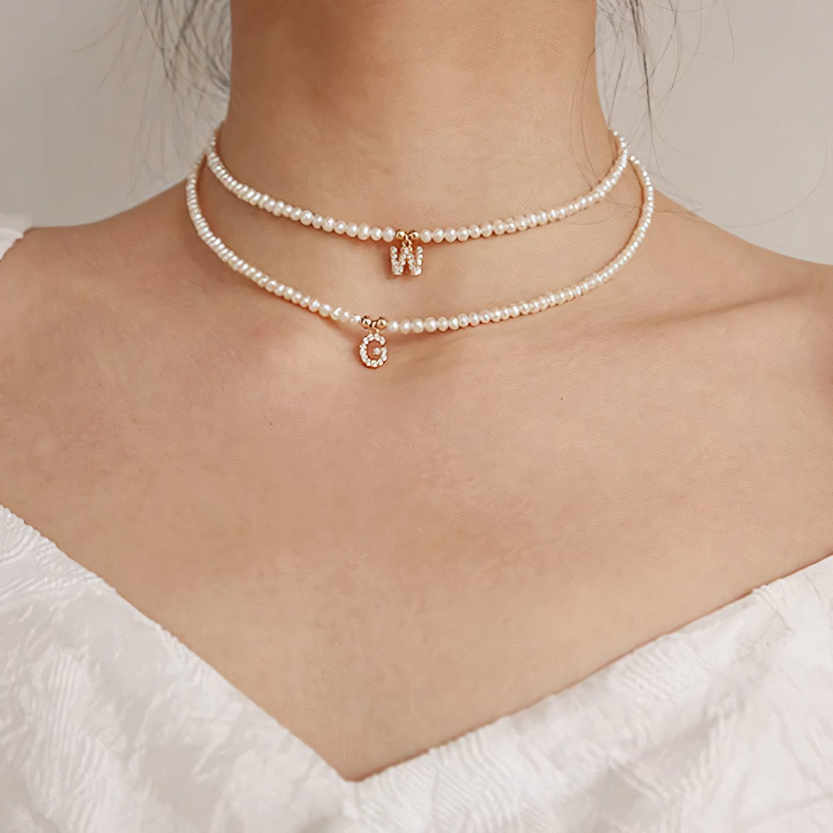Classy pearl dainty initial letter necklace 132964