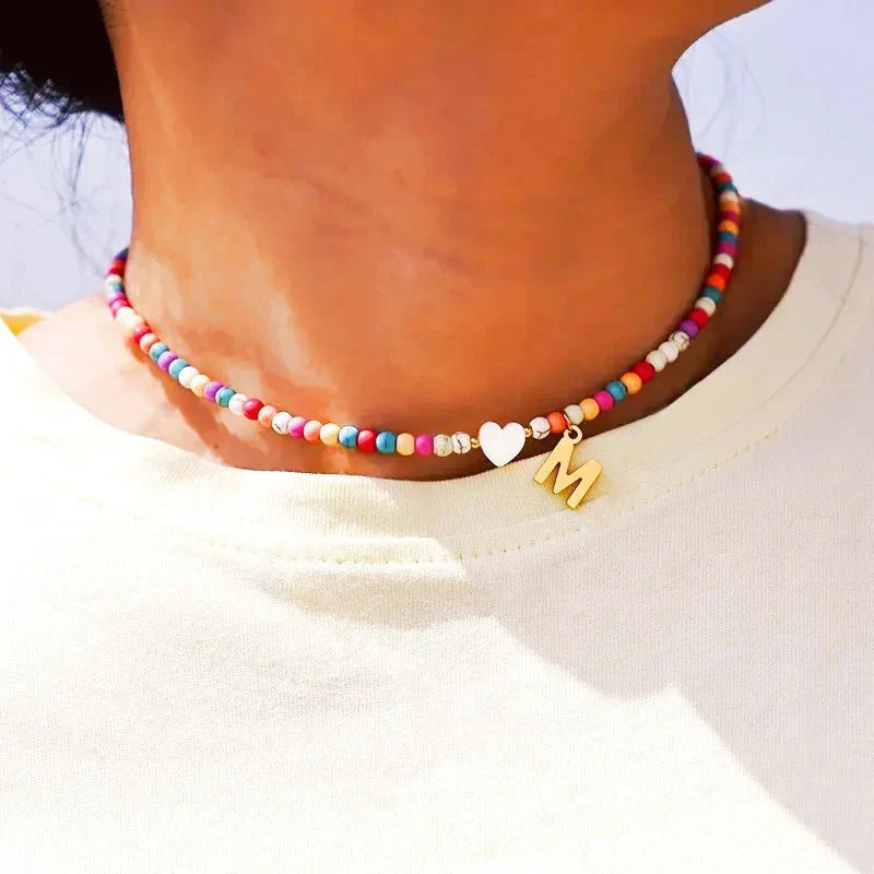 Colorful beaded initial choker necklace 107874