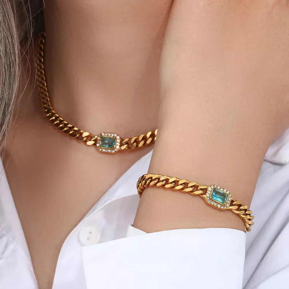 Cuban chain square cut diamond choker and bracelet 204739