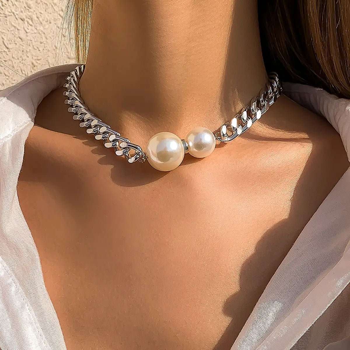 Cuban link chain pearl ends necklace